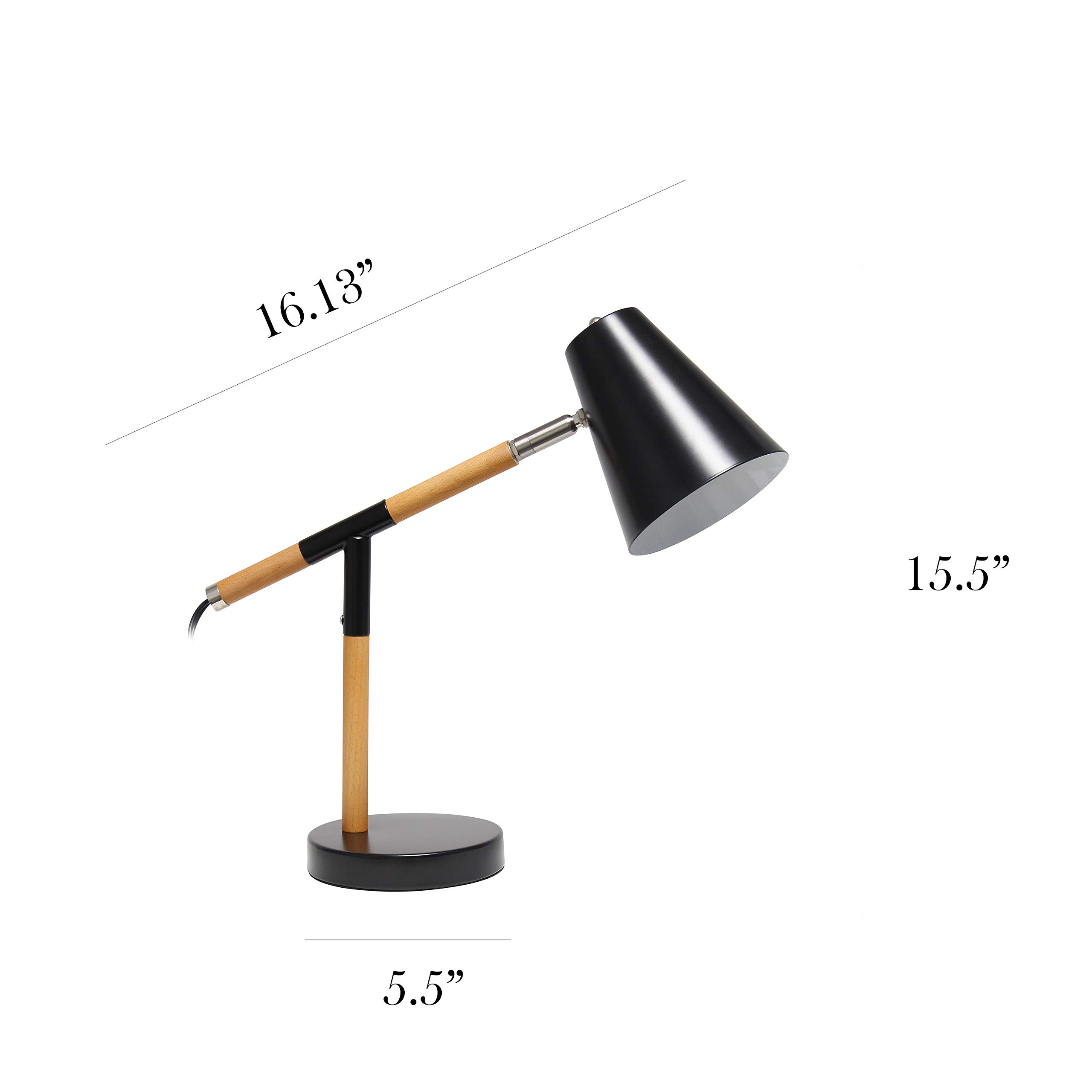 Simple Designs LD1059-BLK Matte Black Wooden Pivot Desk Lamp - Adjustable Study Light for Home Office, Reading, Dorm Room & Workspace