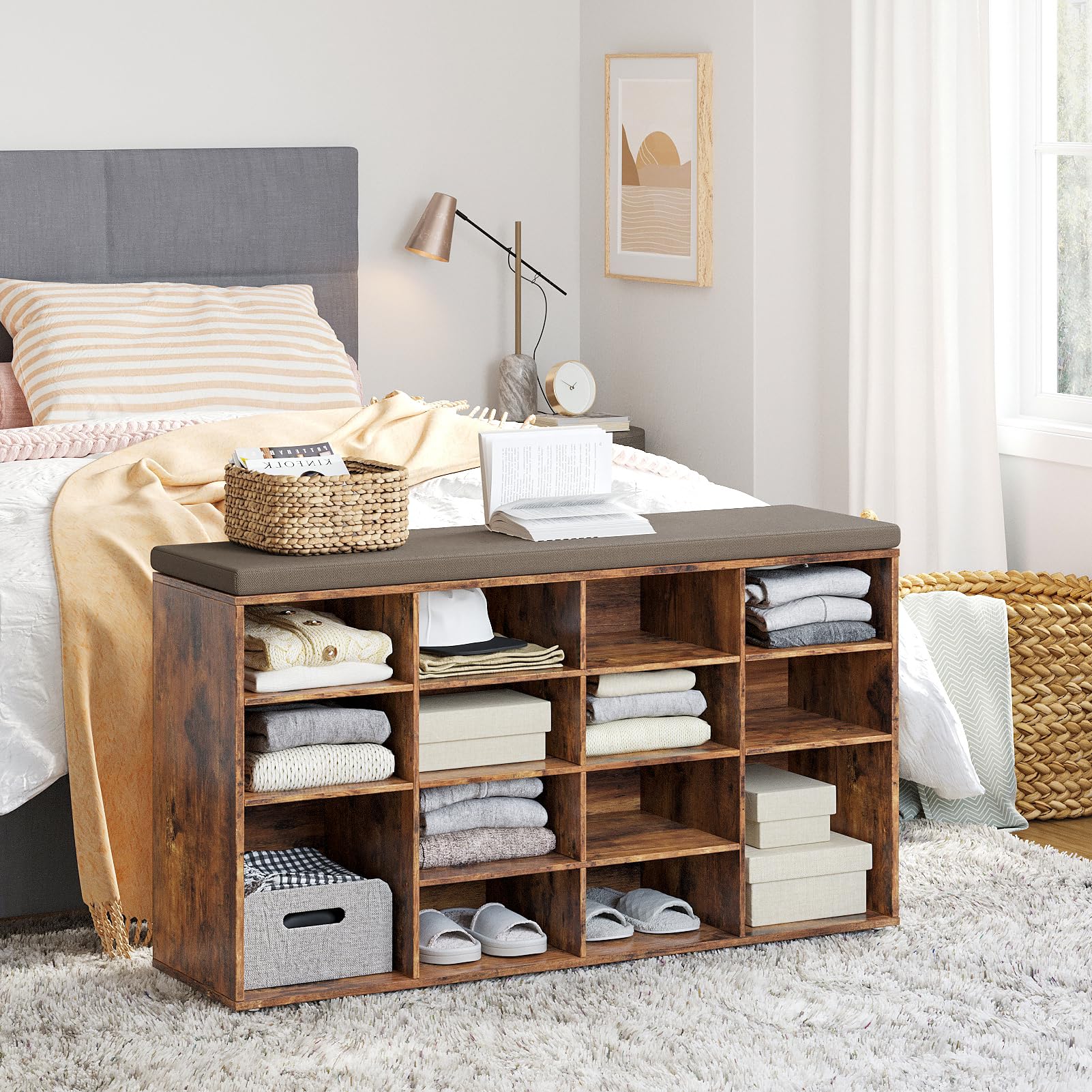 DINZI LVJ 16-Cubby Shoe Storage Bench with Cushion - Adjustable Shelves Multifunctional Shoe Organizer for Entryway, Mudroom, Hallway - Rustic Brown | Perfect for Small Spaces, Home Organization & Shoe Display