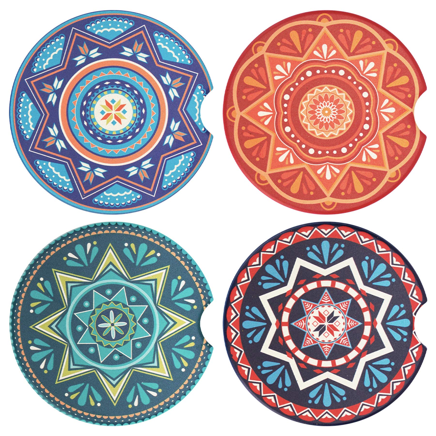 Tifanso 4 Pack Absorbent Ceramic Car Cup Holder Coasters - Non-Slip Mandala Design with Removable Finger Notch, Cute Car Accessories for Women & Girls - Perfect for Coffee, Drinks, and Protecting Your Vehicle Interior