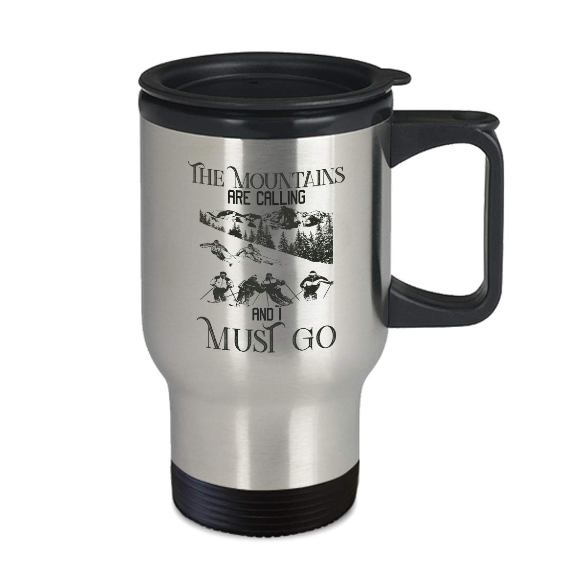 Mountains Are Calling I Must Go Ski Travel Mug - 14 oz Insulated Coffee & Tea Tumbler for Skiing, Snowboarding & Outdoor Adventures - Perfect Gift for Winter Sports Lovers