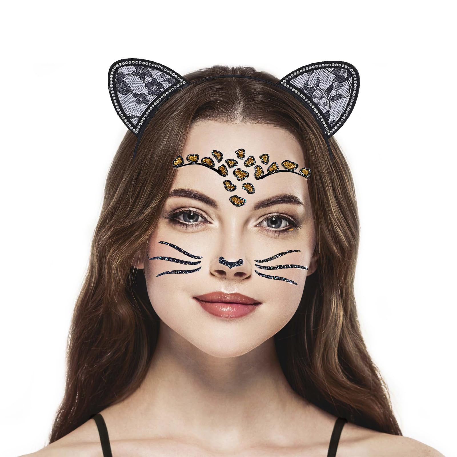 Gold Leopard Face Temporary Tattoos - Cheetah Print Body Stickers for Women | Halloween Makeup Accessories & Party Decoration | Costume, Festival, Cosplay Use