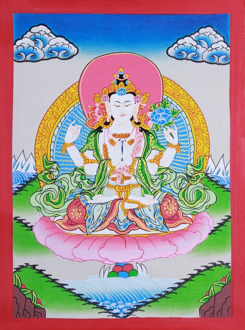 Hand Painted Chenrezig Thangka - Tibetan Buddhist Wall Art for Meditation & Home Decor | Perfect for Yoga Studios, Prayer Rooms & Spiritual Spaces