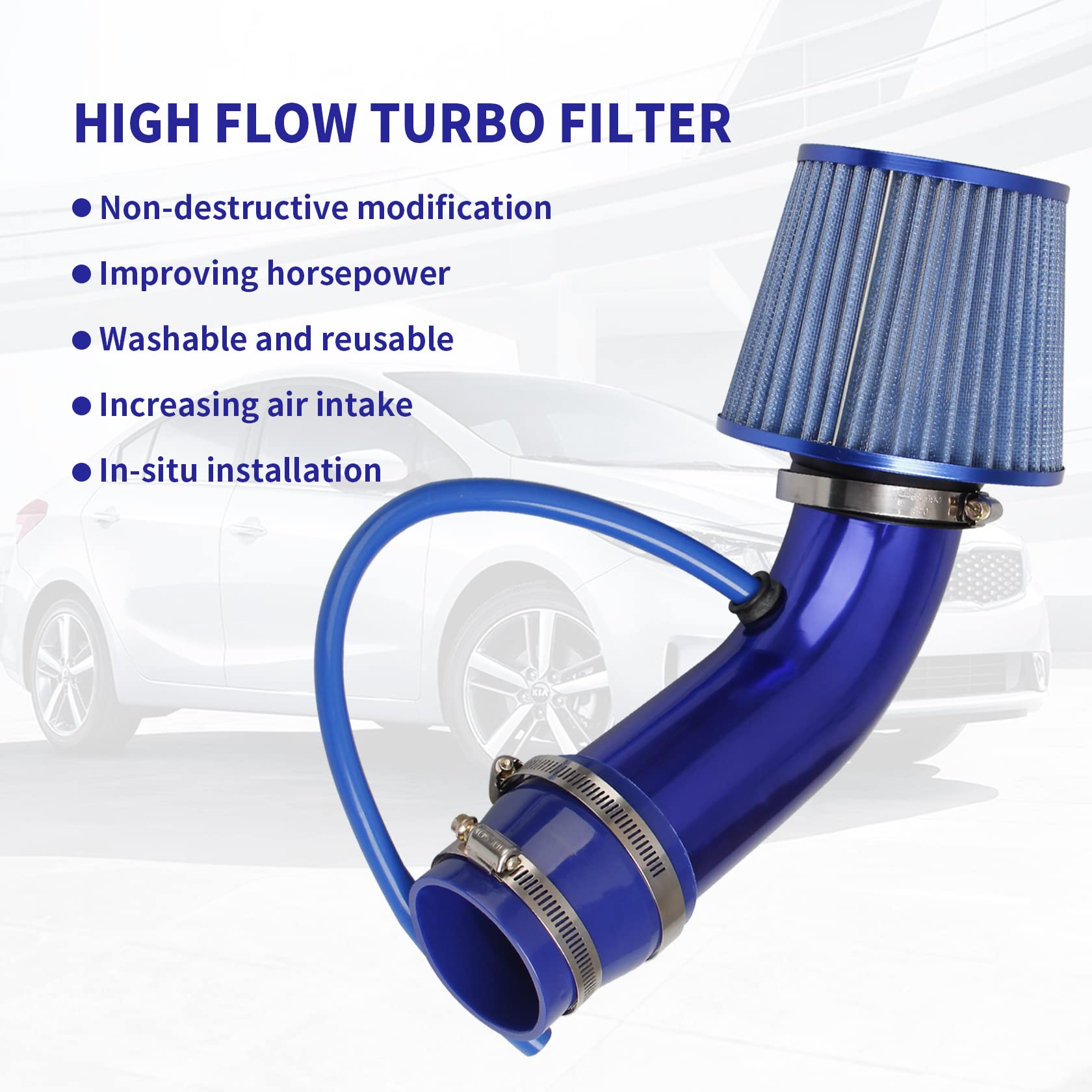 High Flow 76mm Cold Air Intake Kit with Aluminum Pipe & Air Filter - Compatible with Turbocharged Cars - Improves Engine Performance & Acceleration for Racing & Street Driving