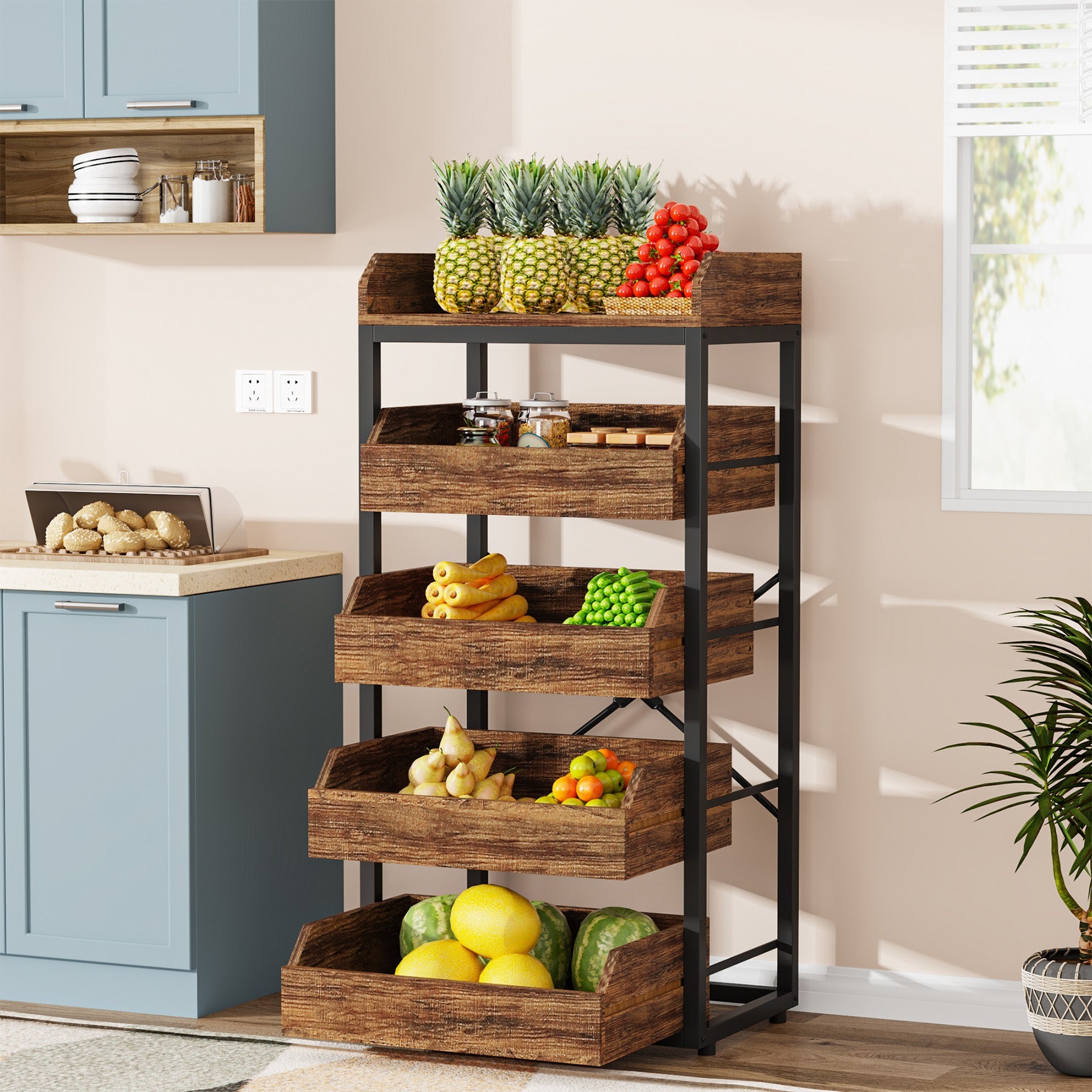 5-Tier Wooden Fruit and Vegetable Storage Basket Organizer - Kitchen Countertop & Pantry Organization for Fresh Produce, Spices, and Snacks