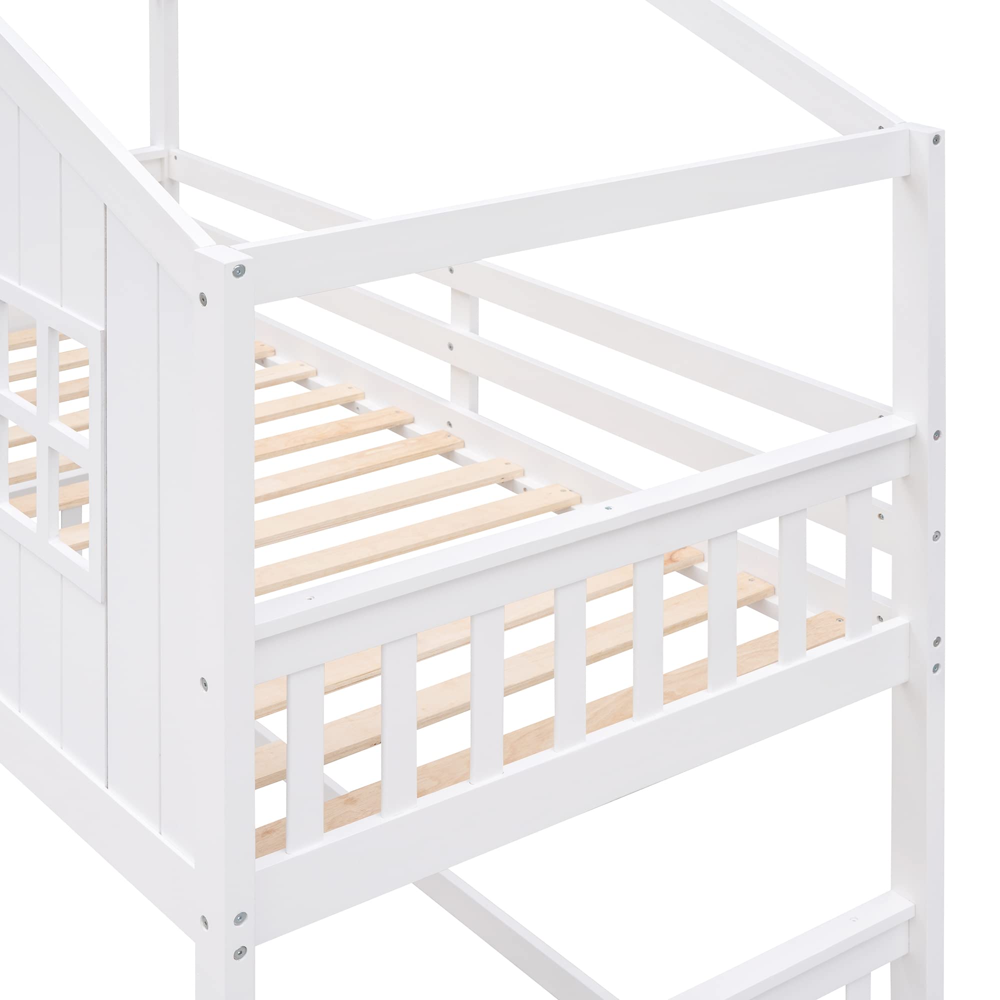 Polibi Twin-Over-Twin Wooden Bunk Bed with Roof, Front Windows & Ladder - Perfect for Kids' Bedrooms, Guest Rooms & Space-Saving Solutions