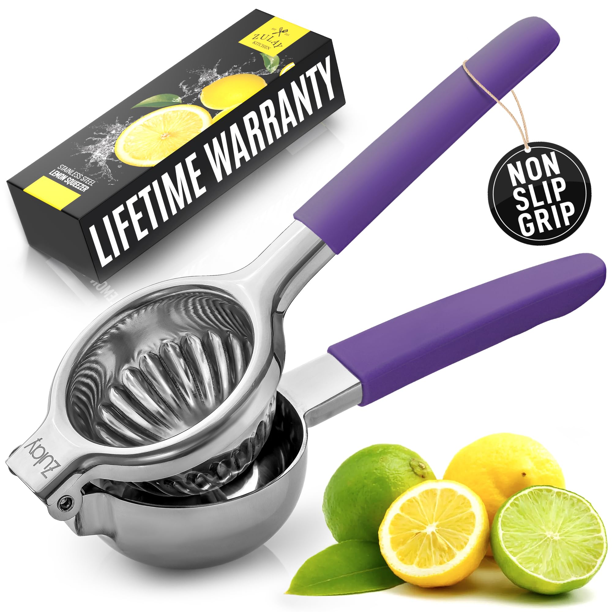 Premium Stainless Steel Lemon Squeezer - Heavy Duty Manual Citrus Juicer with Non-Slip Silicone Handles for Lemon, Lime & Orange - Large Metal Fruit Press for Kitchen, Bar & Restaurant Use (Purple)