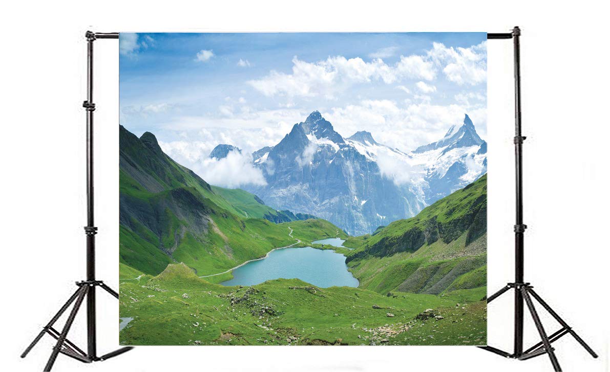 Leyiyi 8x6ft Mountain Scenery Photography Backdrop - Green Plants, Clear River & Blue Sky for Outdoor Hiking Photo Booth Props | Perfect for Baby Showers, Nature-Themed Events & Portrait Photography