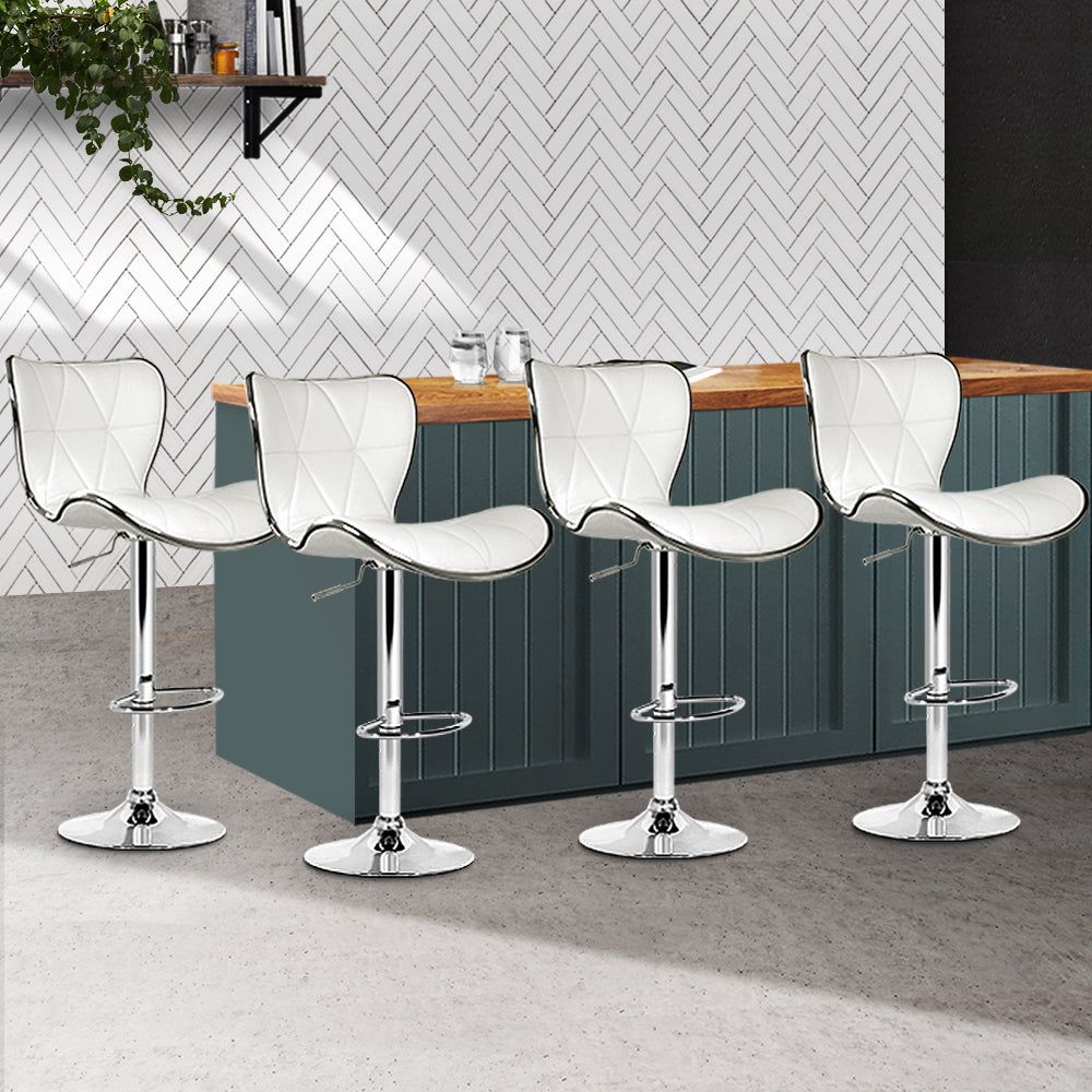 4 Bar Stools with Gas Lift Mechanism & White Leather Seat - Perfect for Kitchen Island, Breakfast Bar & Dining Room