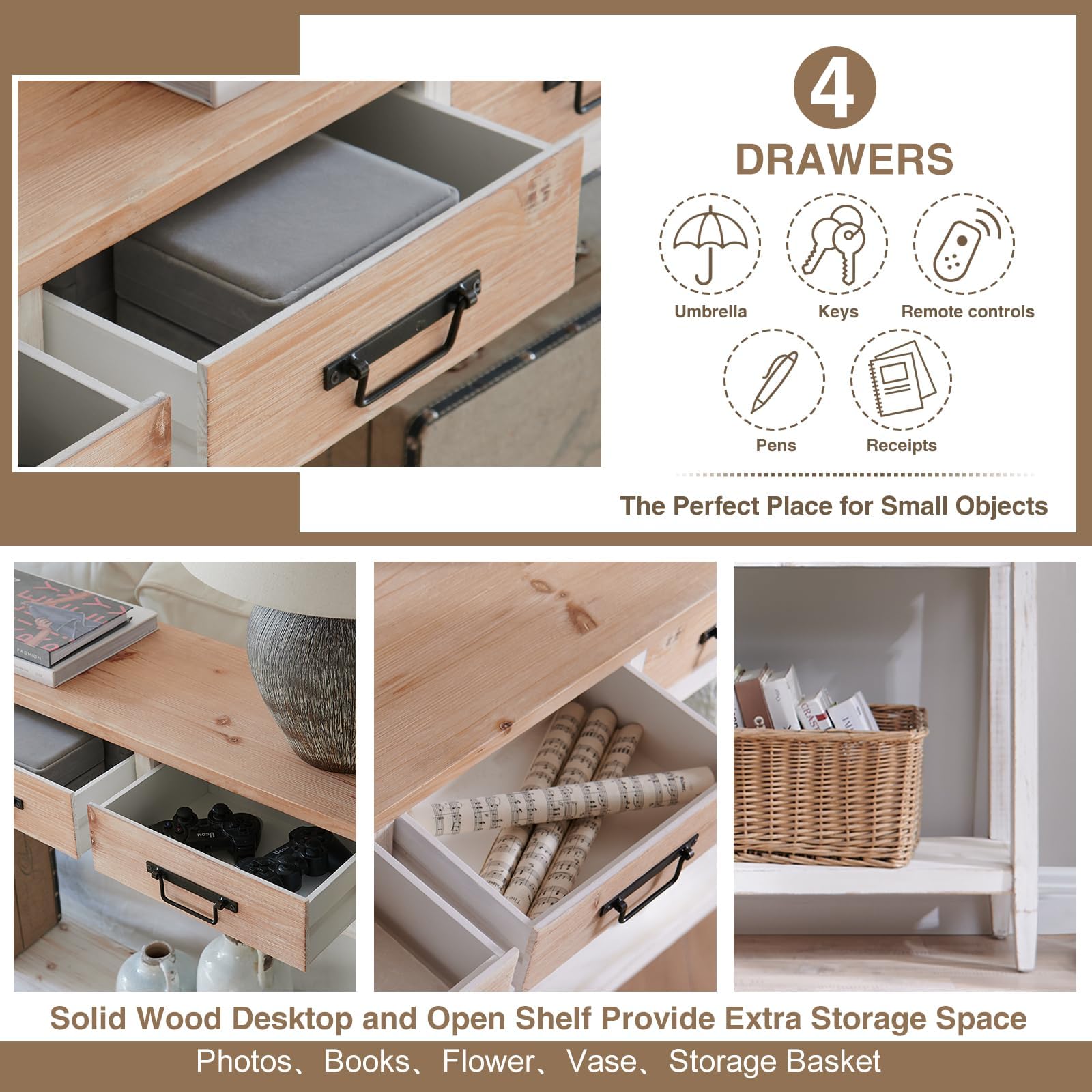 Rustic Farmhouse Console Table with 4 Drawers - 60