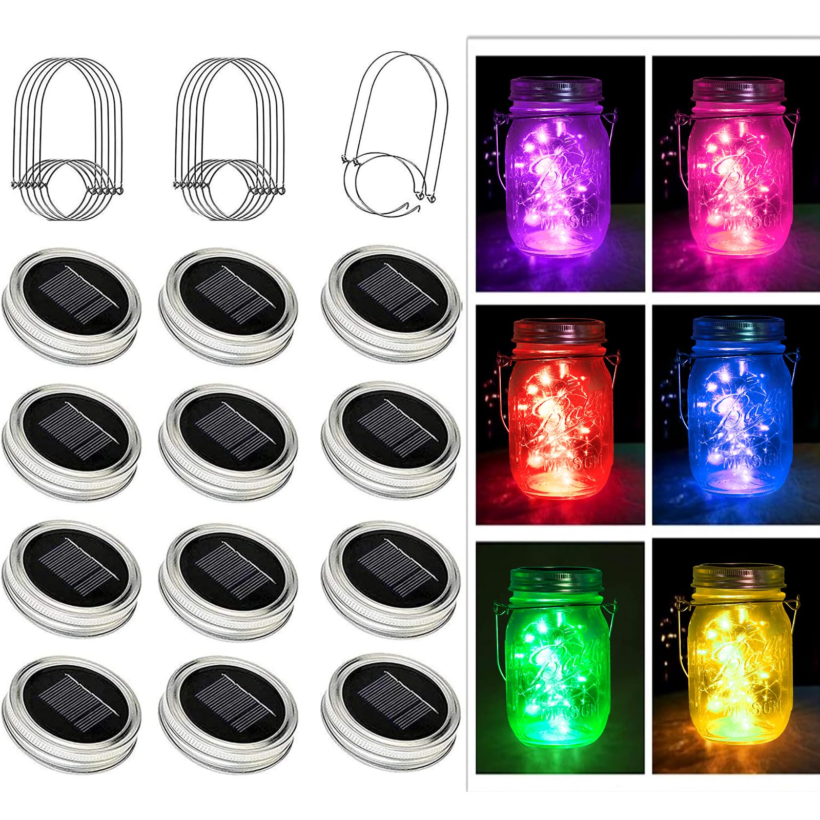 12 Pack Solar Mason Jar Lights - 30 LED Waterproof Fairy String Lights with Hanger (No Jars) for Outdoor Patio, Garden, Yard, Lawn Decor | 6 Color Options | Perfect for Romantic Evenings, Weddings & Backyard Parties