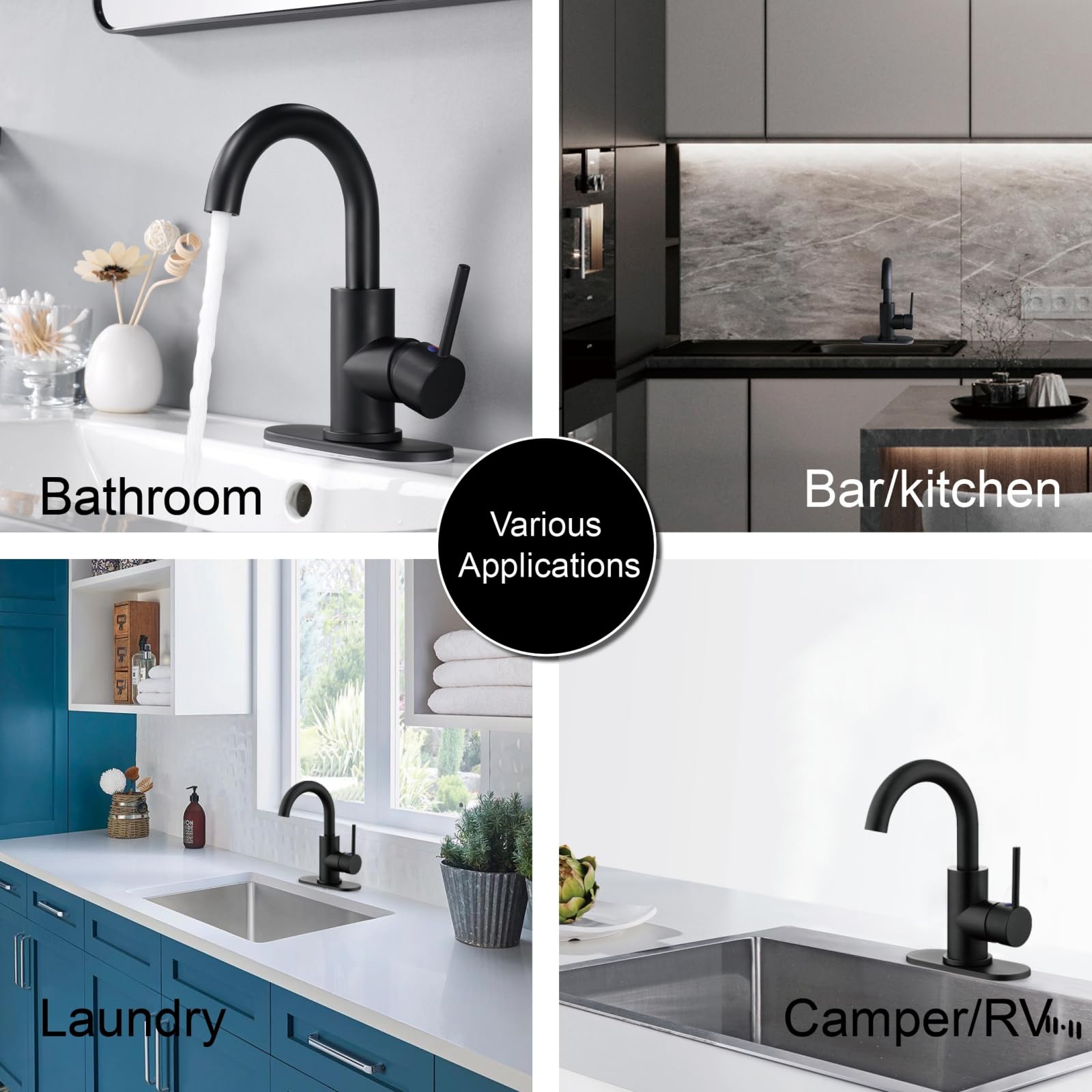 RKF Matte Black Single-Handle Bathroom Sink Faucet with Swivel Spout & Pop-Up Drain - Includes Overflow & Supply Hose - Perfect for Bathroom Vanity, Bar Sink, or Small Kitchen - Model BF3501P-MB