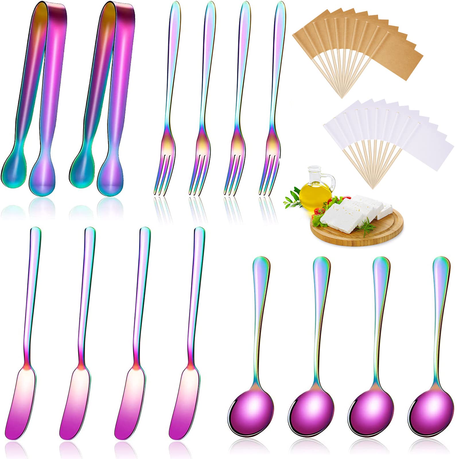 Premium Stainless Steel Cheese & Butter Spreader Knives Set - Charcuterie Board Accessories with Mini Serving Tongs, Spoons & Forks - Rainbow Color Appetizer & Pastry Utensils for Parties, Picnics & Entertaining