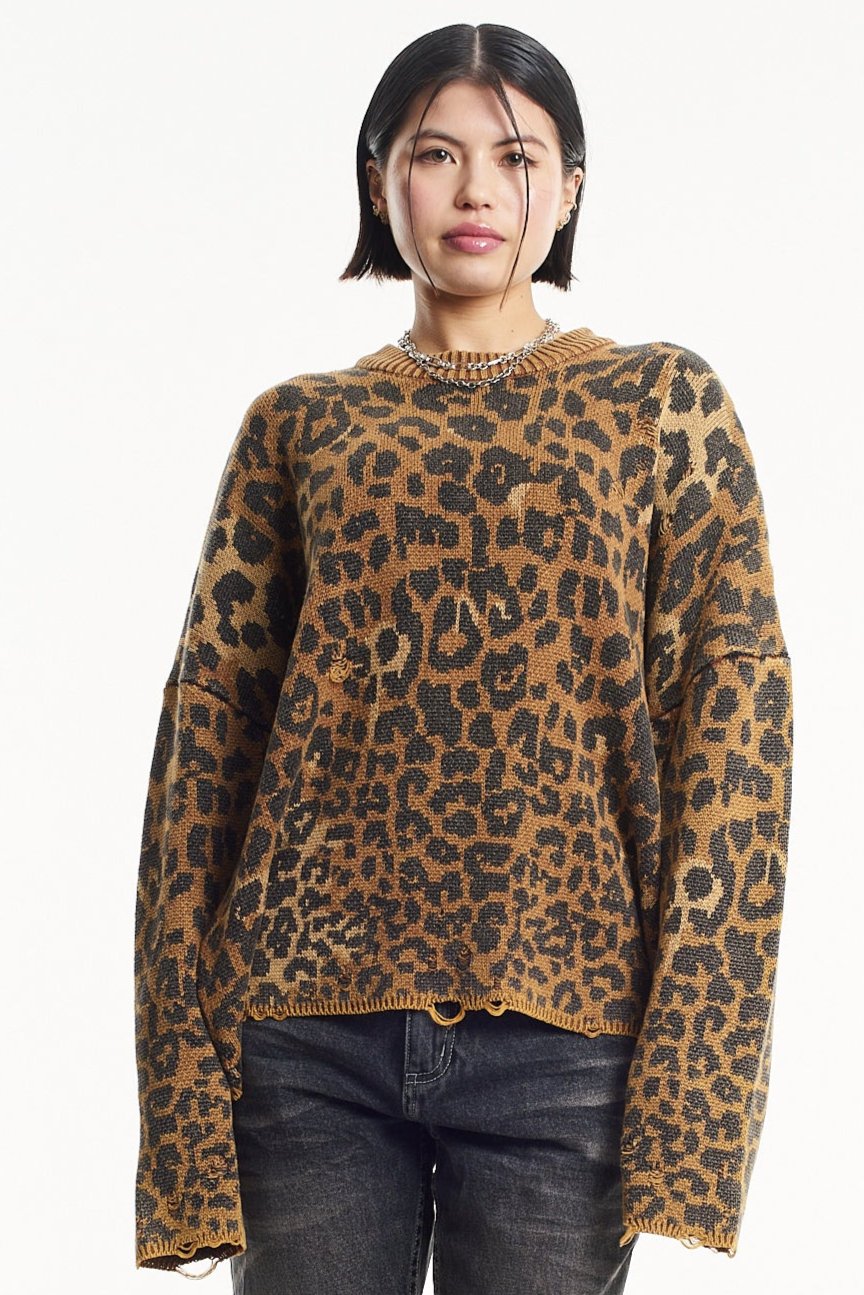 Tina Leopard Print Knit Sweater for Women - Stylish Animal Print Pullover for Casual Wear, Office Outfits & Date Nights