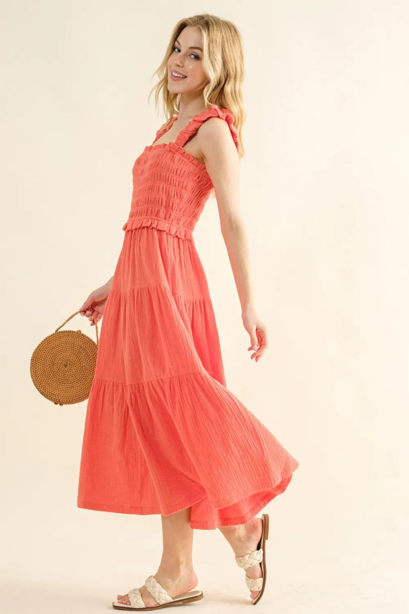 Elegant Smocked Ruffled Tiered Dress for Women - Perfect for Summer, Weddings & Special Occasions