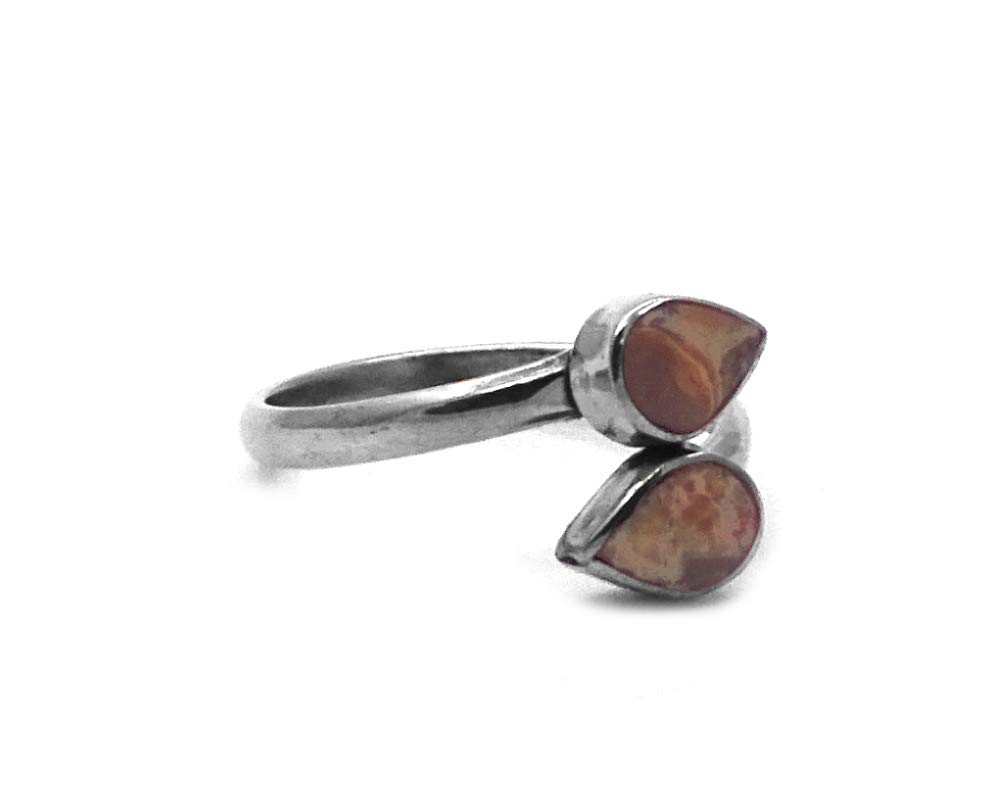 Mini Teardrop Double Leaf Healing Gemstone Crystal Silver Adjustable Ring - Handmade Boho Jewelry for Women | Perfect for Meditation, Yoga & Spiritual Healing