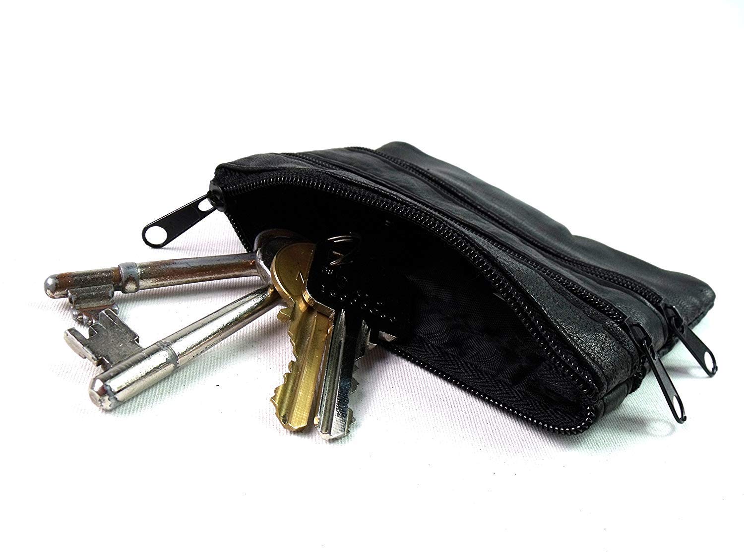 Men's Leather Key Holder with 4 Zips - Slim RFID Blocking Wallet for Keys & Cards - Perfect for Travel, Work, and Everyday Use