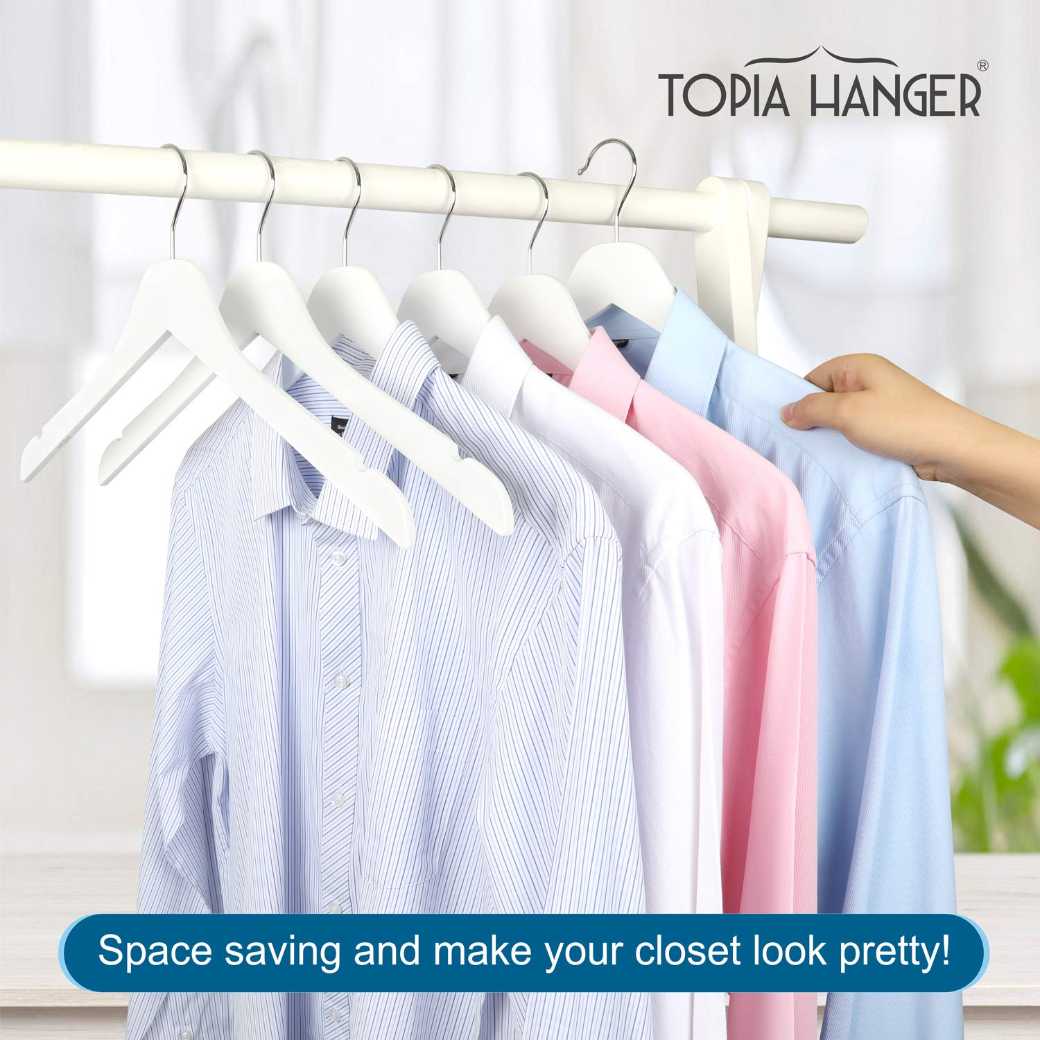 TOPIA 30 Pack White Wooden Clothes Hangers - 0.28 Inch Slim Space Saving Hangers with Smooth Notches for Shirts, Coats & Camisoles | Durable Flat Design Wood Hanger for Closet Organization & Retail Display