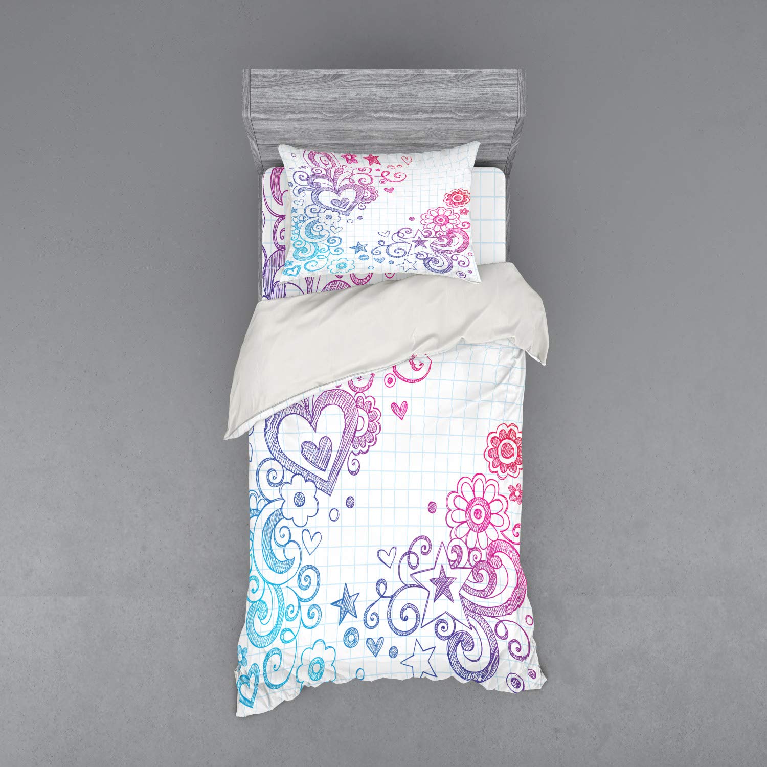 Ambesonne Love Duvet Cover Set - Valentine's Day Themed Swirled Sketch on Checkered Notebook Design, 3-Piece Bedding Set with Sham & Fitted Sheet, Twin Size in Pink Purple Blue | Perfect for Romantic Bedrooms, Guest Rooms & Valentine's Day Gifts