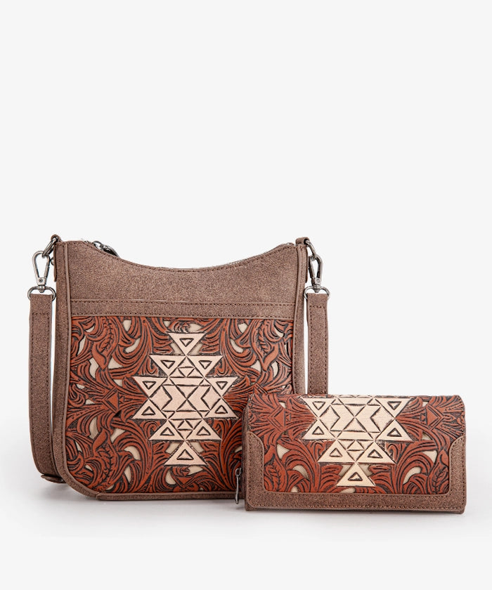 Trinity Ranch Tooled Leather Crossbody Bag Set for Women - Western Style Handbag Purse with Adjustable Strap - Perfect for Travel, Shopping & Everyday Use