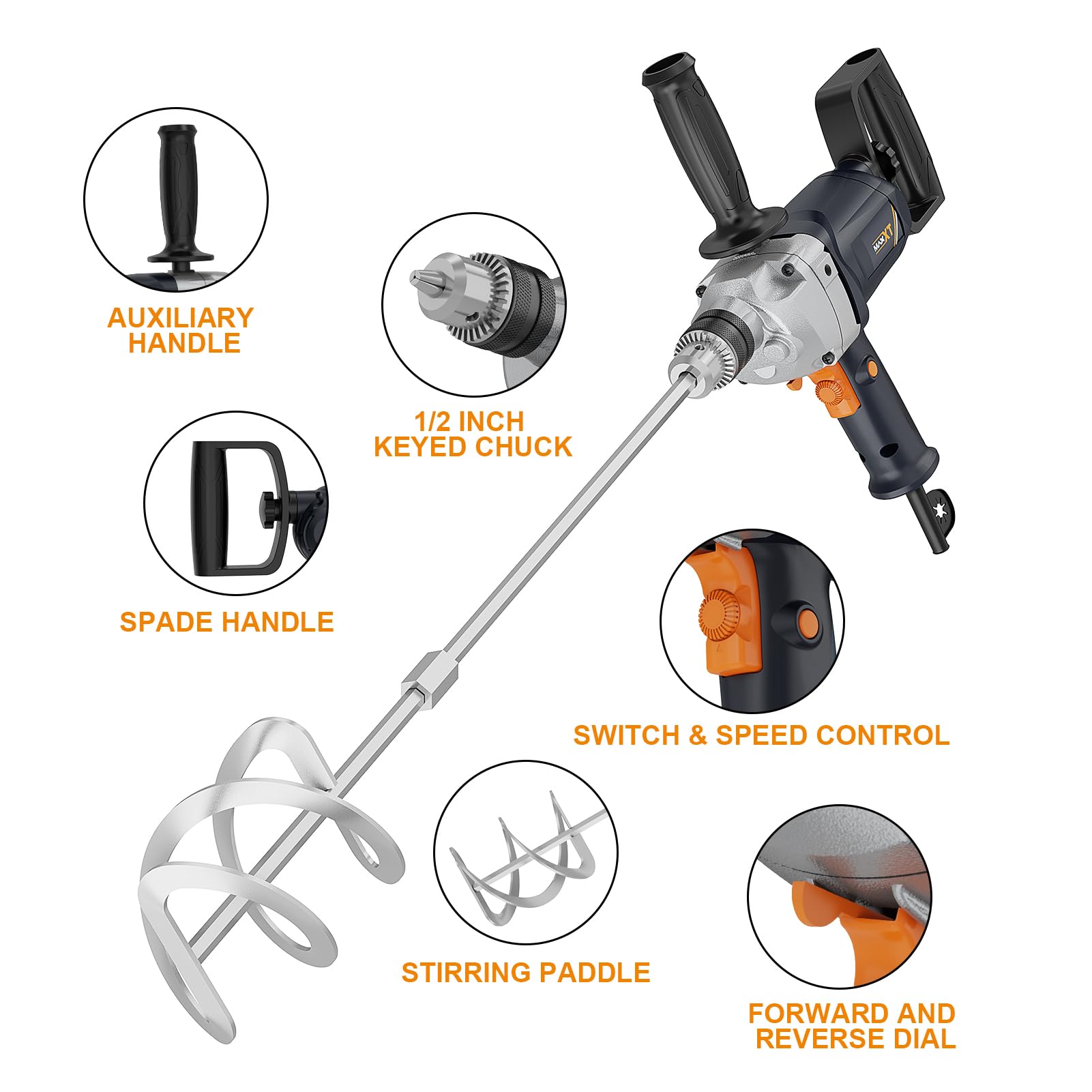 MAXXT 1/2 Inch Electric Corded Drill Mixer Set with Spade Handle - 9A Motor Concrete & Mud Mixing Machine - Perfect for Construction, DIY Projects, and Cement Work