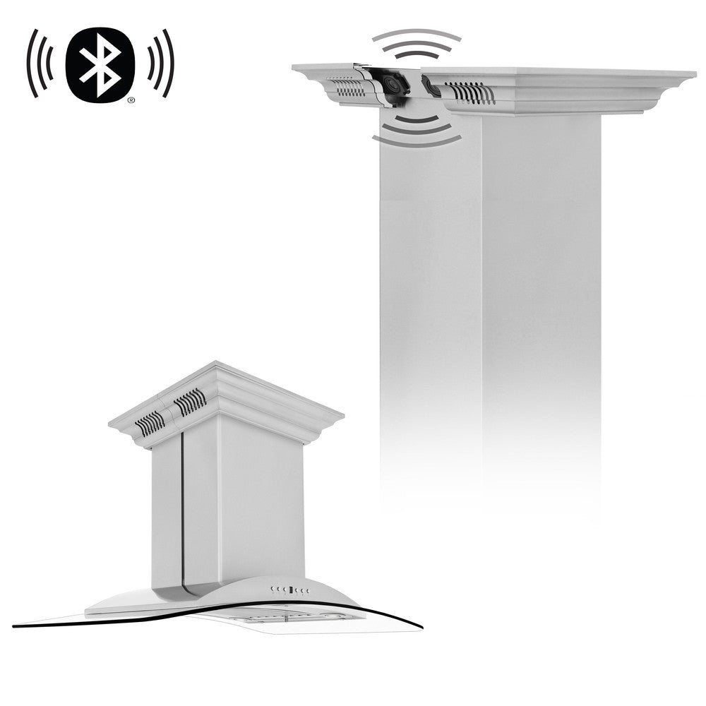 ZLINE GL9iCRN BT Stainless Steel Island Mount Range Hood with Built-in CrownSound Bluetooth Speakers - Premium Kitchen Ventilation for Modern Homes, Perfect for Cooking & Entertaining