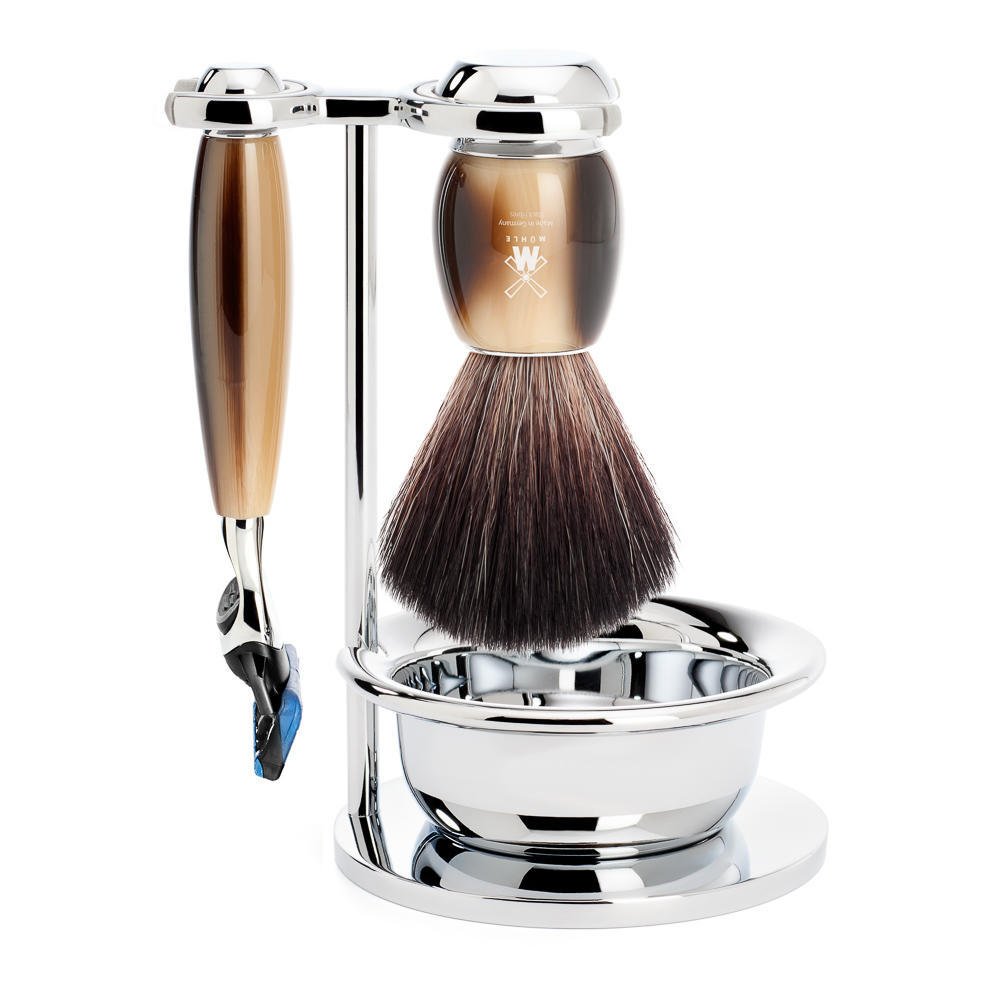 Premium MÜHLE VIVO 4-Piece Black Fiber Shaving Brush & 5-Blade Safety Razor Set - Luxury Wet Shaving Kit for Men with Stand - Perfect for Home Grooming & Travel Essentials
