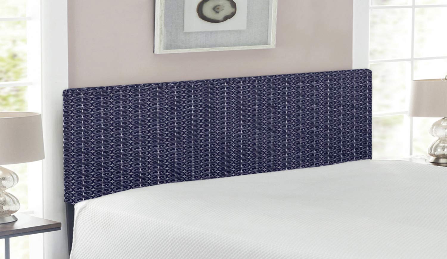 Ambesonne Navy Blue Upholstered Headboard with Memory Foam - Queen Size Windrose Anchor Nautical Design for Bedroom Decor | Perfect for Coastal, Marine, or Sailor Themed Bedrooms