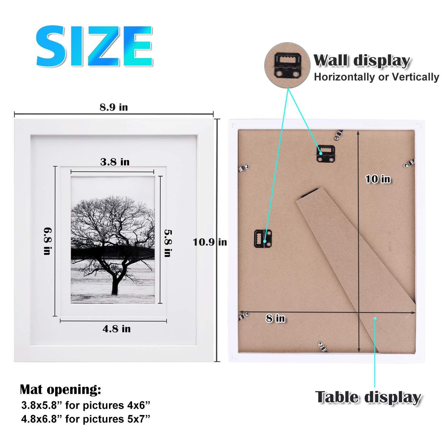 EGOFINE 10x8 Photo Frames Set of 4 - Solid Wood Picture Frames with Acrylic Glass, Mat Opening for 6x4 & 7x5 Photos (20x25cm), White - Perfect for Tabletop Display, Wall Decor, and Printed Poster Frames for Home & Office