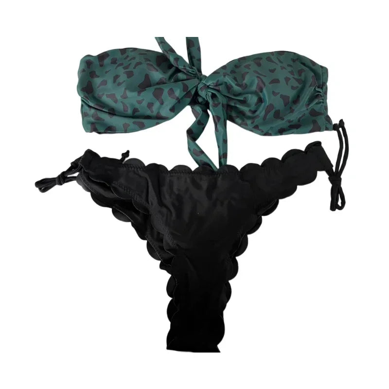 Sexy Leopard Print Bikini Set for Women - Strapless Push Up Swimsuit with Front Lace Up & Ruffled Bow Details - Thong Swimwear for Beach Vacation & Pool Party