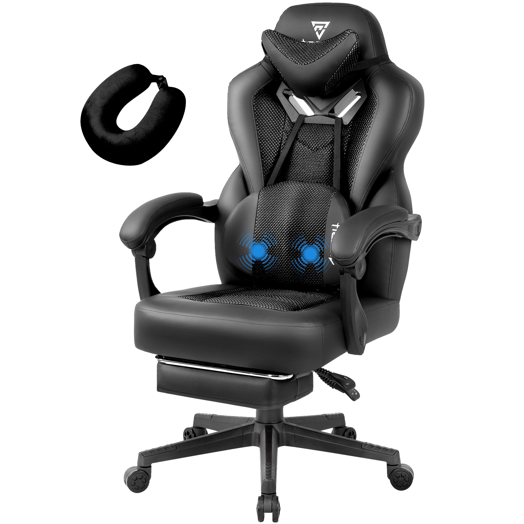 Premium Ergonomic Gaming Chair for Heavy Adults - Reclining Office Desk Chair with Lumbar Support, Footrest & Massage Function - Big & Tall Mesh Computer Chair with Cushion (Black) - Perfect for Long Gaming Sessions, Work from Home & Office Comfort