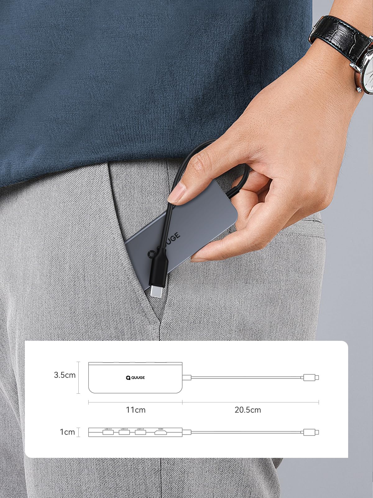 QUUGE 5-in-1 USB C Hub with 4K HDMI, 100W PD Charging, 3 USB 3.0 Ports - Ultra Slim Aluminum USB-C Adapter for MacBook, iPad, iPhone, Galaxy, Dell, Surface - Perfect for Home Office, Travel & Multi-Screen Work