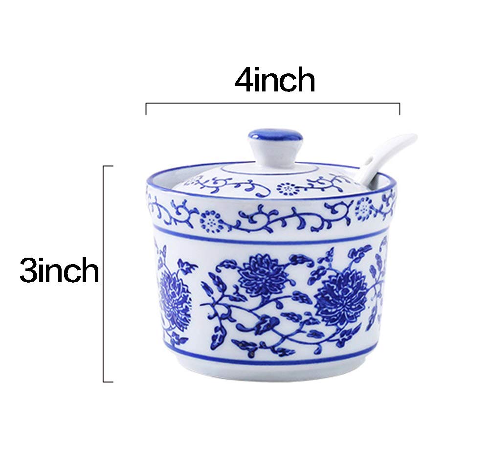 123Arts Ceramic Blue and White Sugar Bowl with Lid and Spoon - Elegant Spice Jar for Tea, Coffee & Kitchen Storage - Perfect for Sugar, Salt, Spices & Seasonings