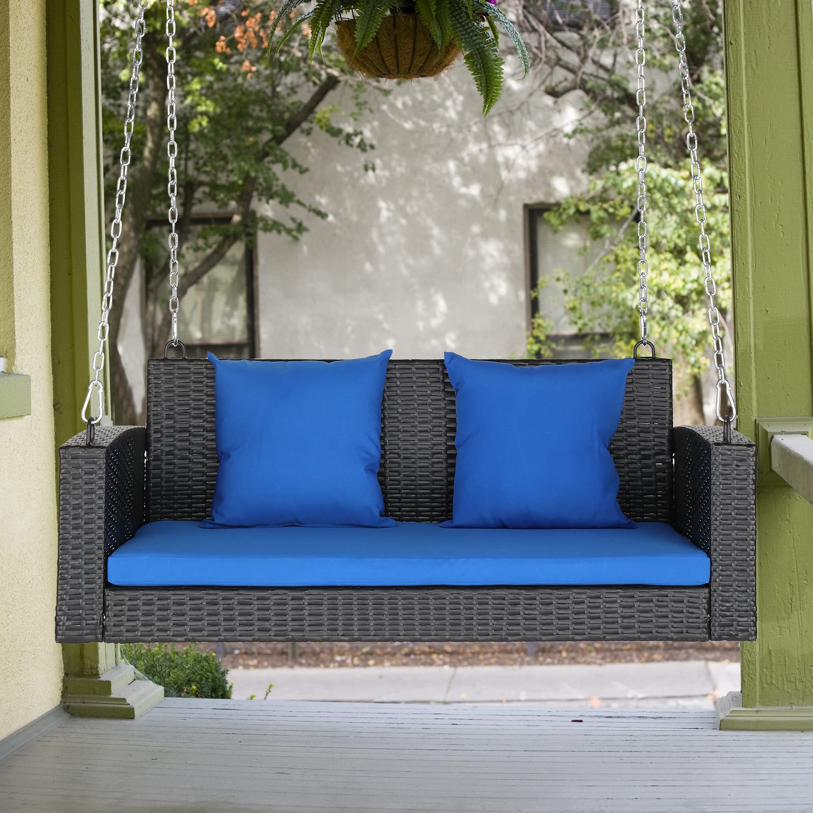 VINGLI 800 LBS Heavy Duty Wicker Hanging Porch Swing with Cushions & Chains - 4FT Outdoor Rattan Swing Bench for Garden, Yard, Lawn, Patio (Black+Blue) - Perfect for Relaxing, Reading & Enjoying Nature
