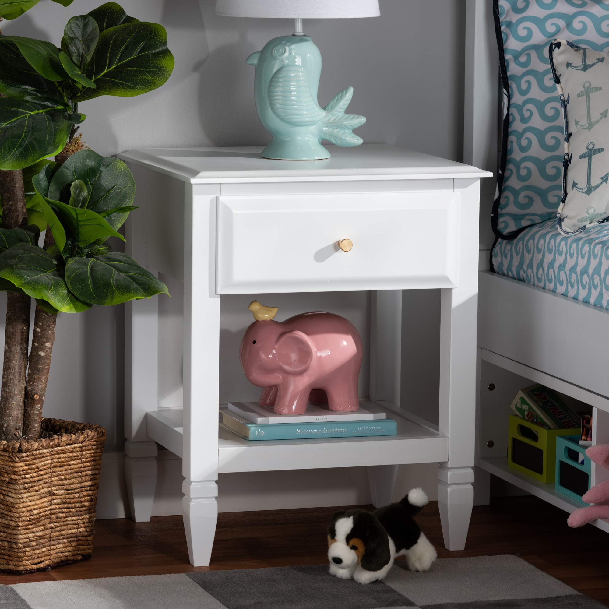 Baxton Studio Modern Nightstand with Gold Accents - White & Gold Bedside Table for Bedroom, Living Room, or Guest Room - Stylish Storage End Table with Drawer