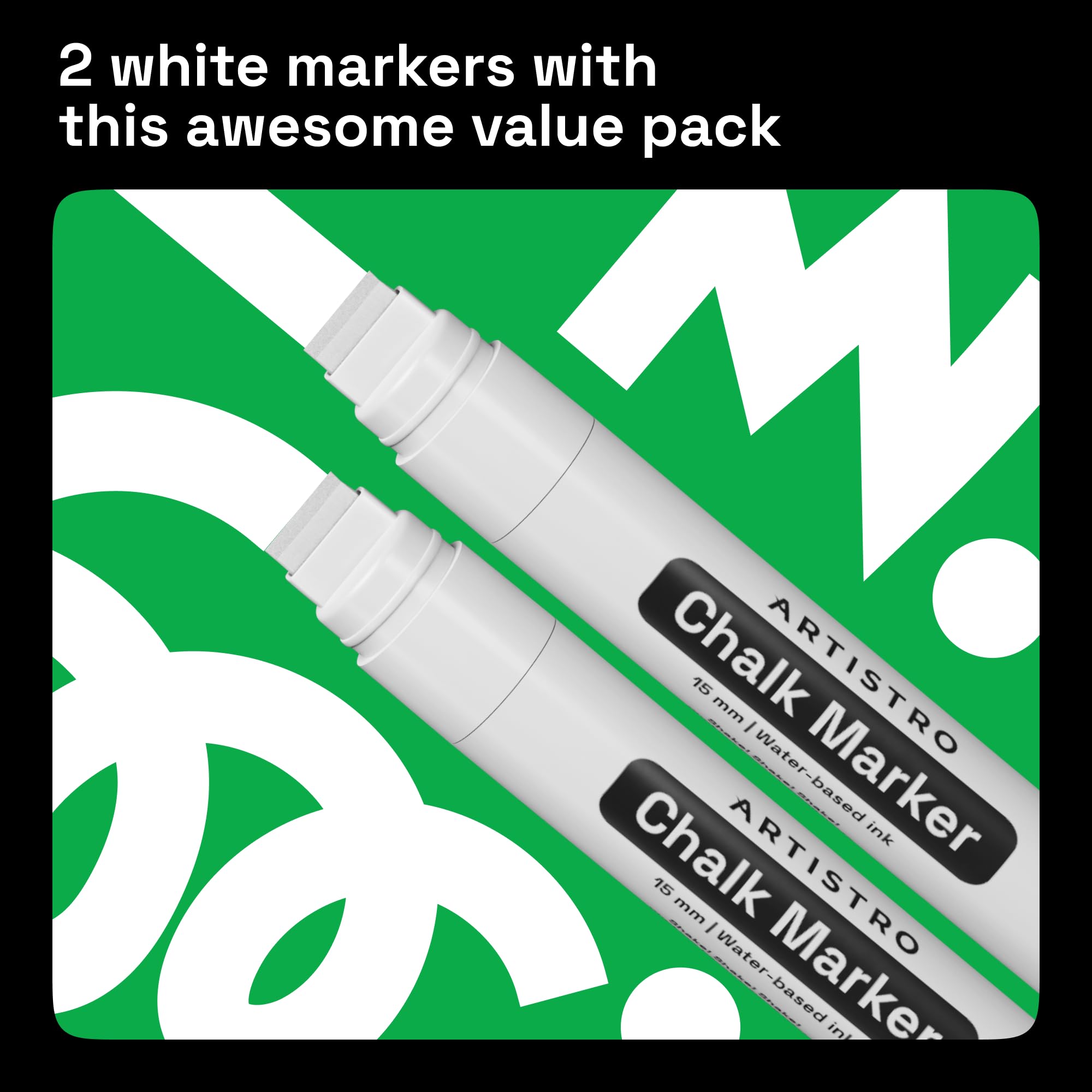 ARTISTRO 2-Pack White Jumbo Chalk Markers - 15mm Neon Erasable Window Markers for Cars, Chalkboard, Blackboard, Glass & Bistro - Easy to Clean Chalk Pens for Restaurants, Retail Signs, Classroom Teaching & DIY Crafts