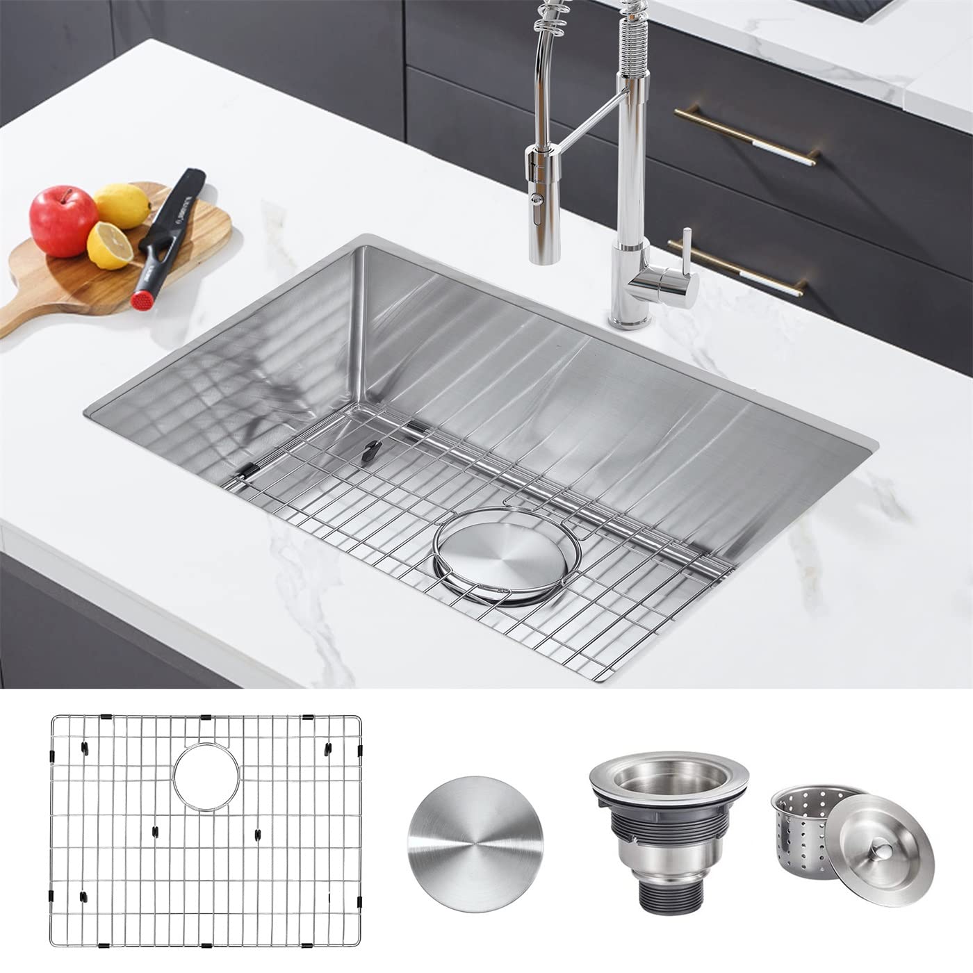 Premium 23-Inch Undermount Stainless Steel Kitchen Sink - Single Bowl with Bottom Grid & Basket Strainer Drain (23