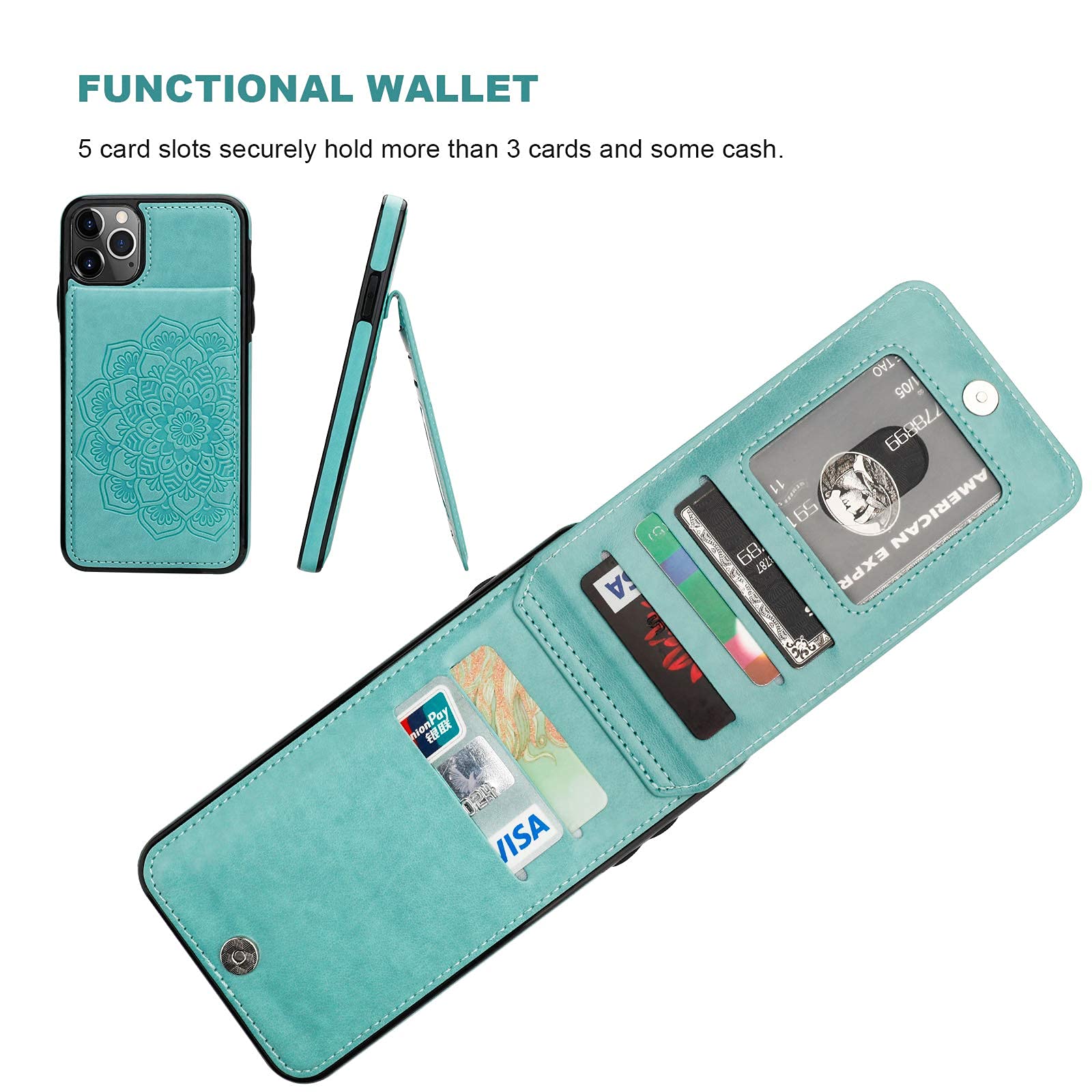 Shockproof PU Leather iPhone 11 Pro Max Case with Wallet & Card Holder - 5 Card Slots, Kickstand, Embossed Mandala Flower Design, Protective Flip Cover for iPhone 11 Pro Max 6.5 Inch (Green) | Perfect for Daily Commute, Travel & Hands-Free Viewing