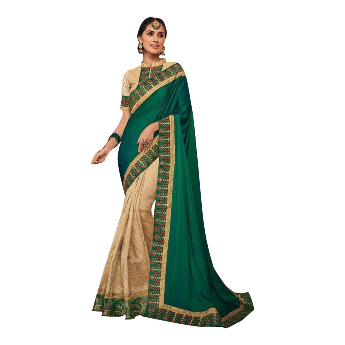 Rama Green Designer Blend Silk Saree Blouse - Indian Traditional Ethnic Wedding Wear for Women | Bollywood Party Dress for Festive Occasions & Formal Events