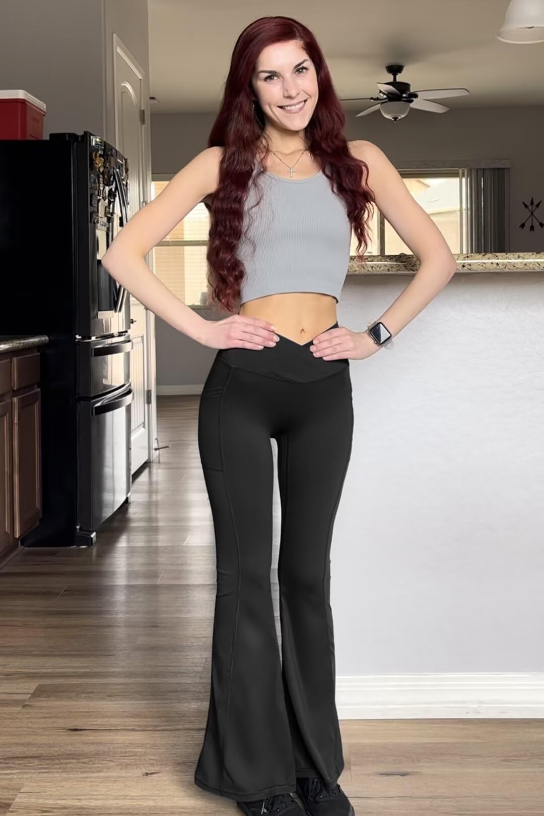 Vertvie Women's Flare Leggings - Scrunch Butt Yoga Pants with Pockets, V-Crossover Design for Workout, Gym & Yoga | Bell Bottom Fitness Leggings for Running, Lifting & Everyday Wear
