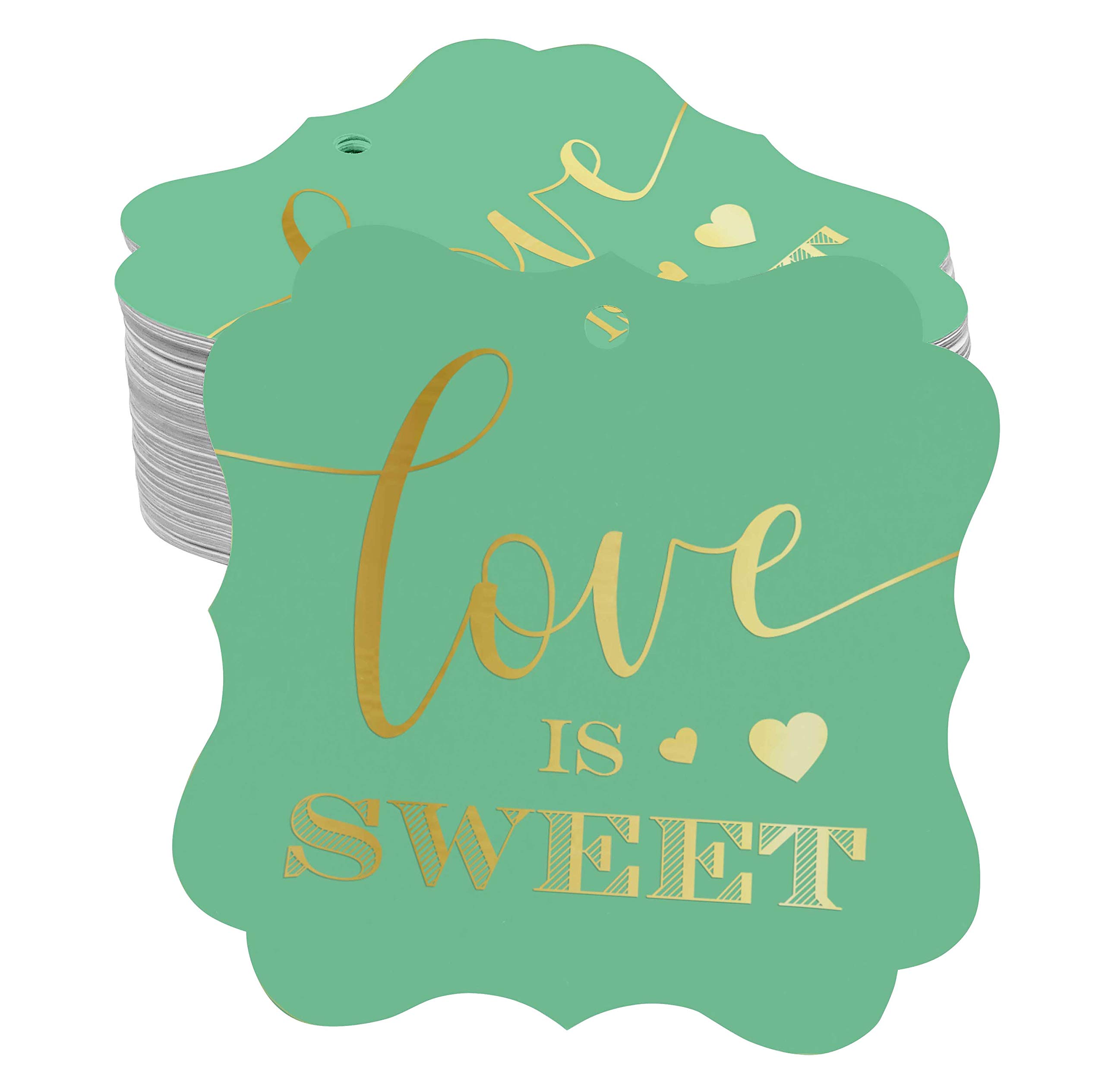 100pcs Real Gold Foil Bracket-Shaped Wedding Favor Tags - Elegant Love is Sweet Gift Labels for Bridal Shower, Anniversary & Party Decorations