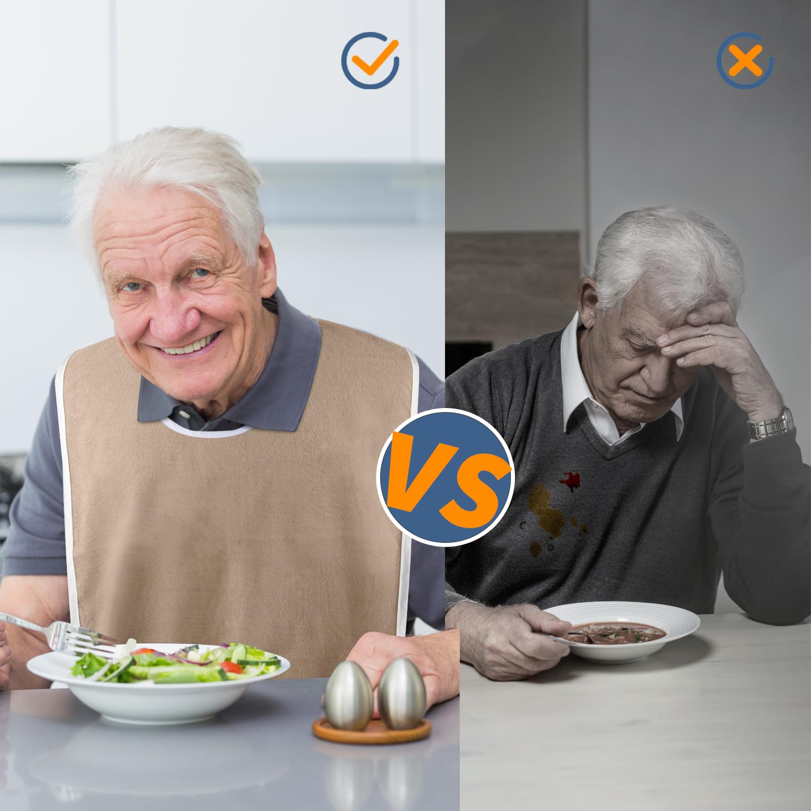 Waterproof Reusable Adult Bibs for Men, Women & Elderly - 3 Pack Adjustable Washable Clothing Protector with Crumb Catcher (Blue, Grey, Brown) - Ideal for Dining, Nursing Homes & Disability Care