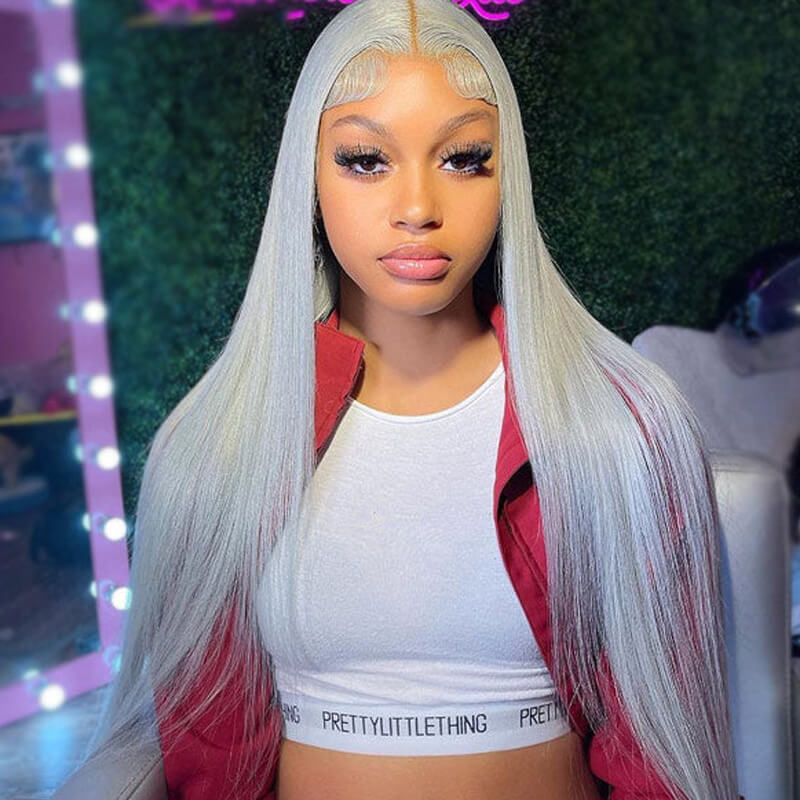 Eullair 13x4 Glueless Lace Front Wig - 180 Density Pre Plucked Straight Human Hair Wig for Women, Grey & Silver Lace Frontal Wig - Perfect for Daily Wear, Cosplay & Special Occasions