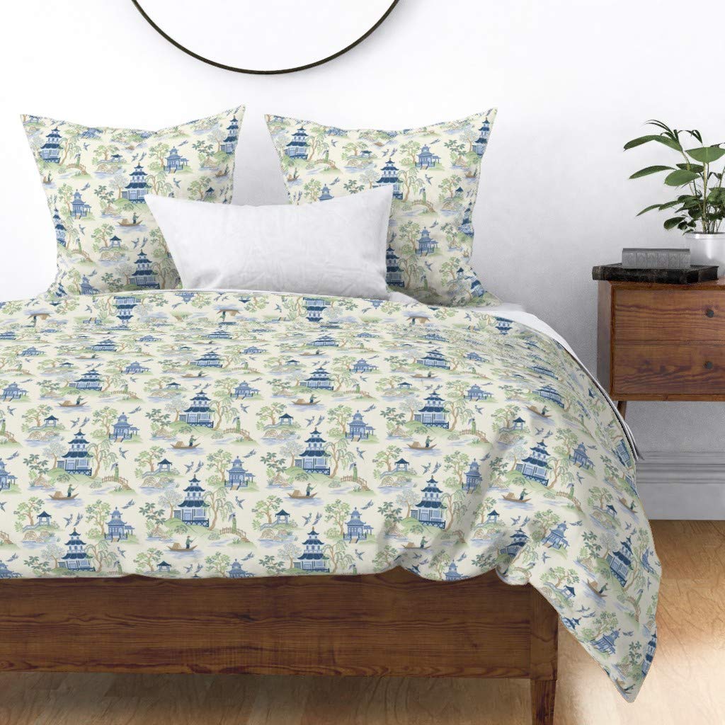 Custom Spoonflower Cotton Sateen Duvet Cover King/California King Size - Chinoiserie Pagoda Design in Blue & Green, Asian Art Print with Trees, Landscape, Tea House & Kimono Motifs | Luxury Bedding for Modern & Traditional Bedrooms