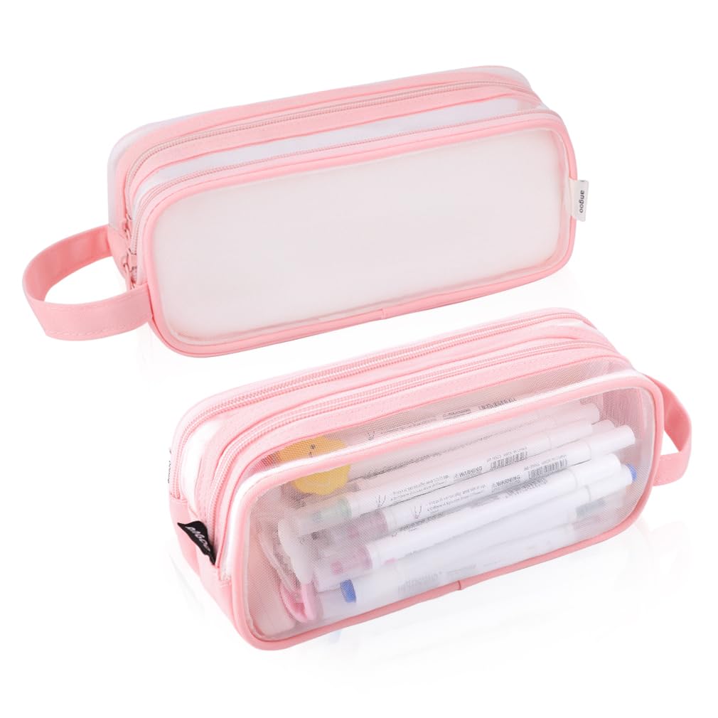 iSuperb Clear Pencil Case - Transparent Handheld Pen Organizer & Makeup Pouch for School, Office, Travel - Multifunctional Storage Bag for Adults (Pink) - Perfect for Business Trips, College Supplies & Cosmetic Organization