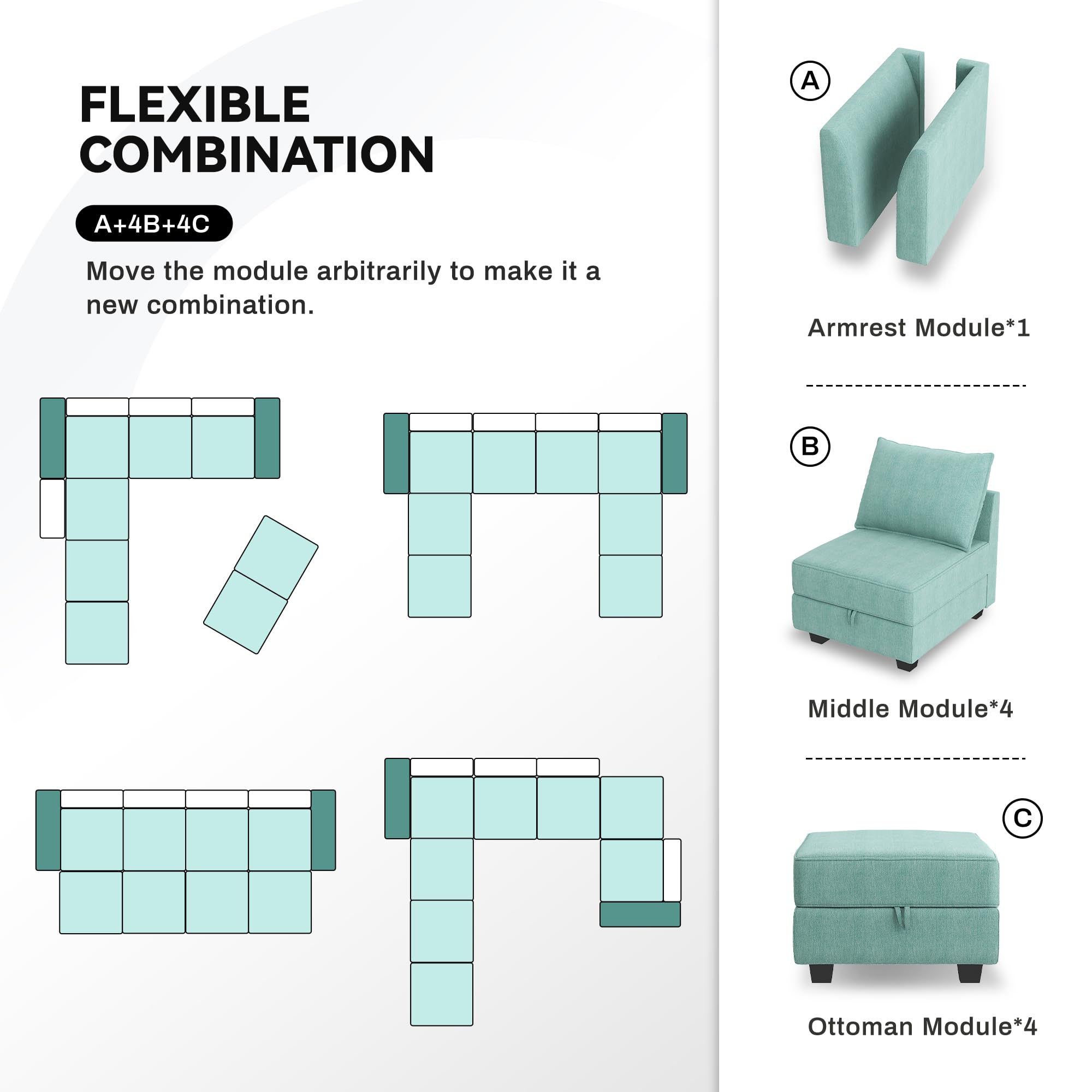 HONBAY Modular Square Ottoman for Sectional Sofa - Storage Footrest Seat Cube in Aqua Blue | Living Room Furniture, Home Decor, Comfortable Seating for Family Gatherings