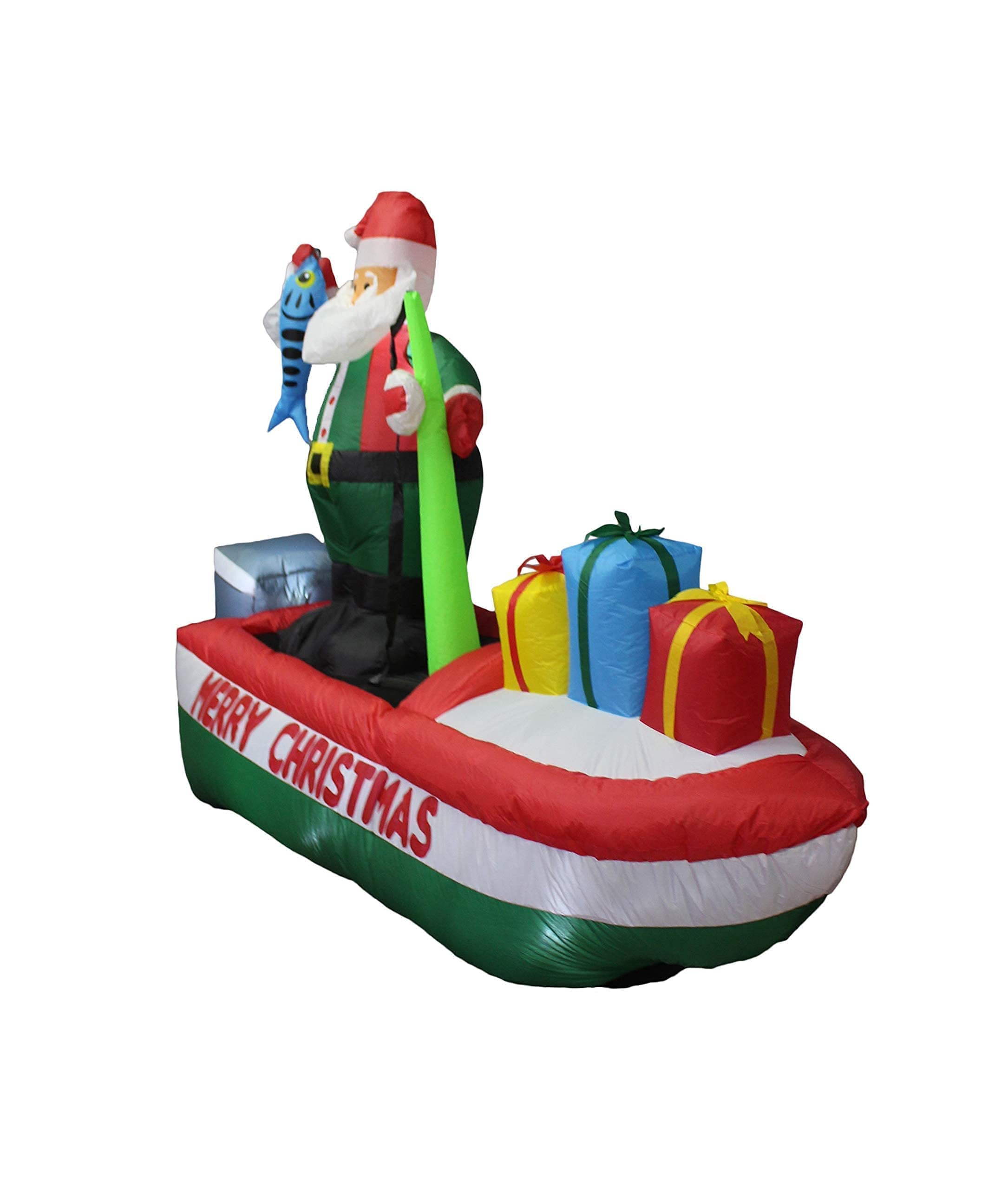 7ft Inflatable Santa Claus & Penguin Island with Palm Tree + 8ft Inflatable Santa Fishing Boat with Lights - Christmas Party Decorations Bundle for Outdoor Yard, Lawn, and Holiday Festive Decor