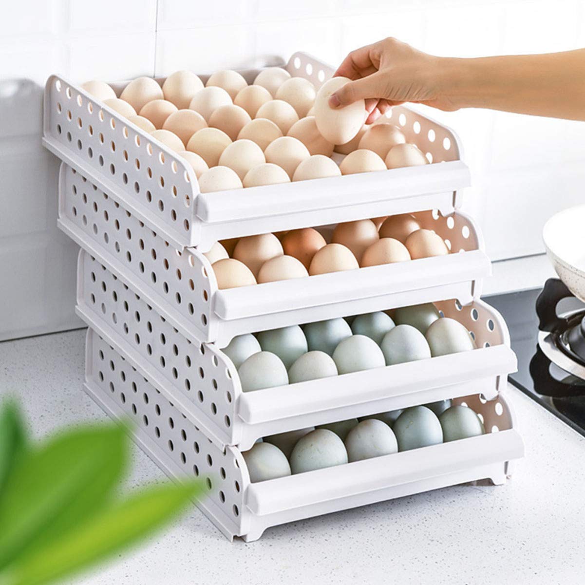 Stackable Plastic Egg Tray with Lid - 30 Egg Container for Refrigerator Storage | Fridge Organizer Bin for Eggs, Perfect for Kitchen, Home & Restaurant Use