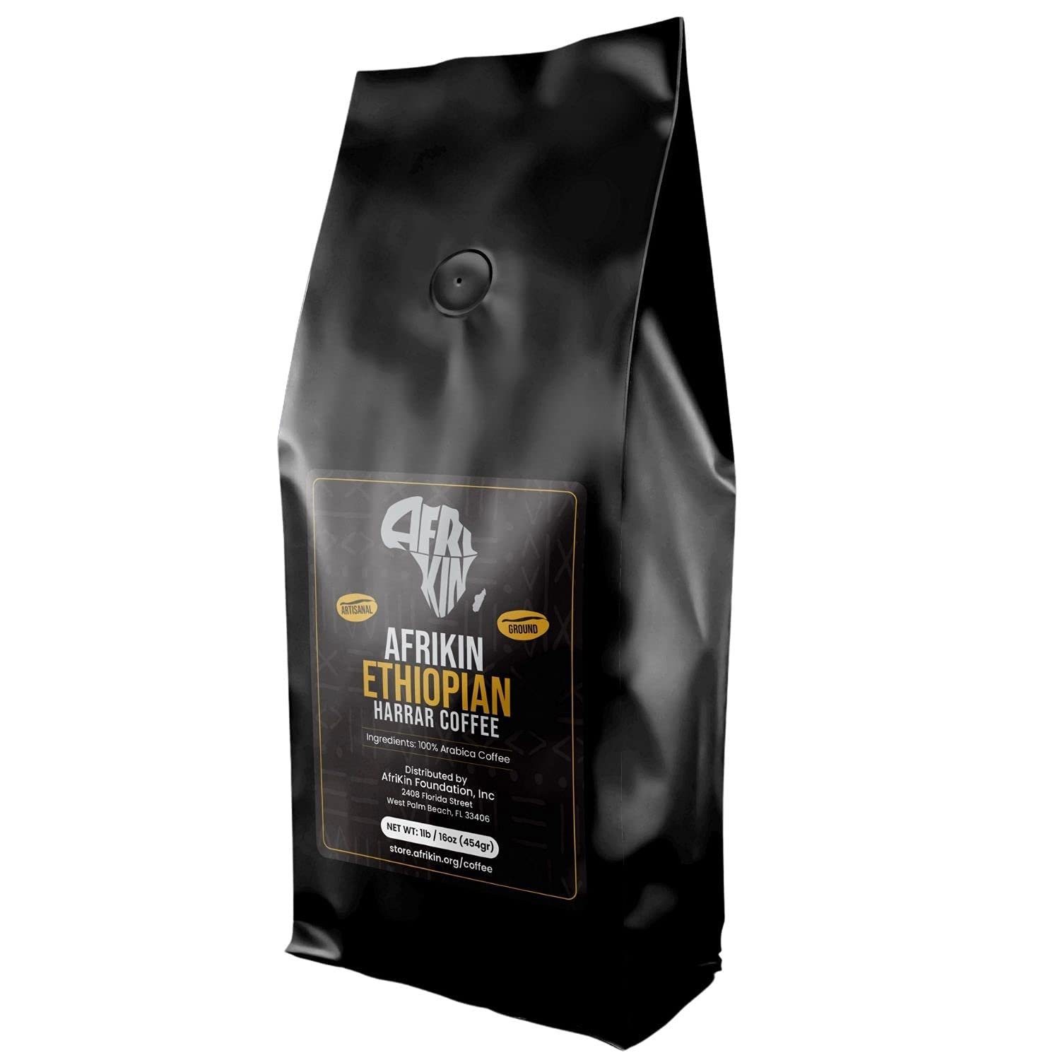 Premium AfriKin Ethiopian Harrar Artisan Ground Coffee - 100% Arabica, Organic Certified, Bold Flavor Medium Roast - Fresh Gourmet Coffee Beans (1lb/16oz) for Home Brewing, Office & Gifts