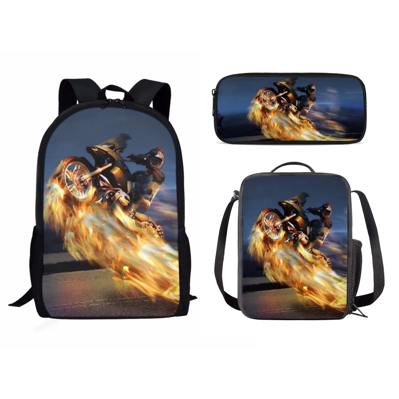 Mumeson 17 Inch Kids Backpack Set - School Backpack with Lunch Bag & Pencil Case, Lightweight Motorcycle Design Daypack for Boys & Girls - Perfect for School, Travel, and Outdoor Adventures (3-Piece Set)