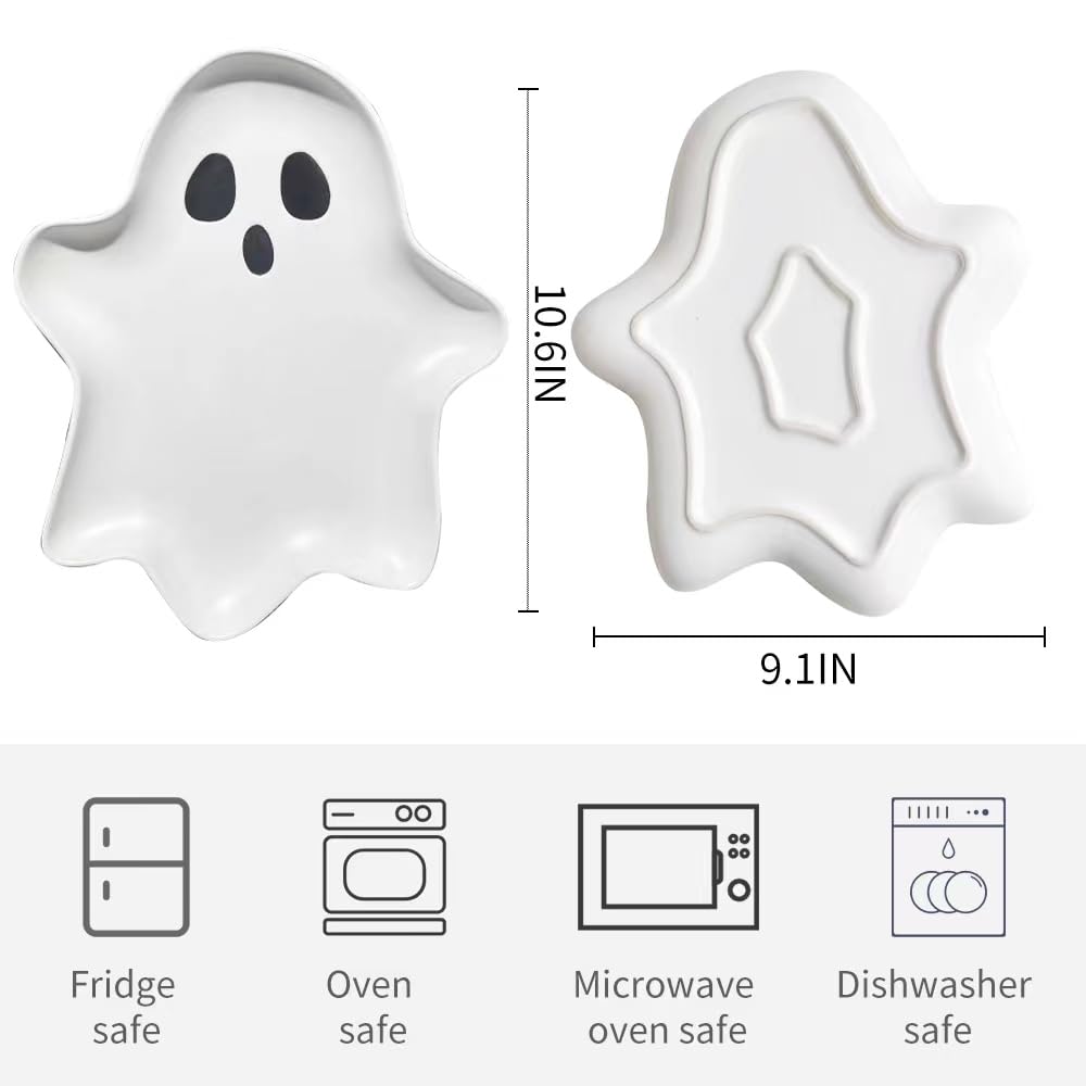 Halloween Ceramic Ghost Plate (10.6 x 9.1 Inches) - Reusable Spooky Dinnerware for Desserts, Salads, Snacks, Candy, Appetizers - Perfect for Halloween Parties, Themed Dinners & Seasonal Decor